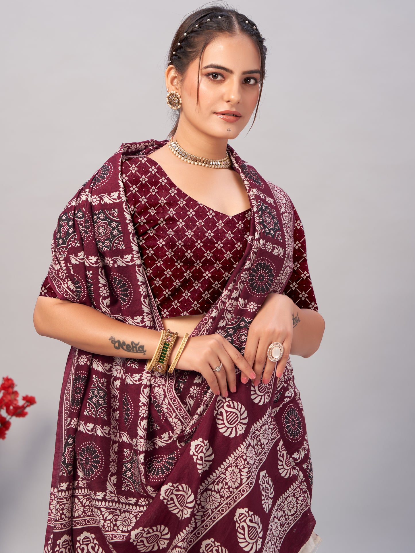 Saree - Soft Cotton Ajarakh Print Wine Maroon - D1