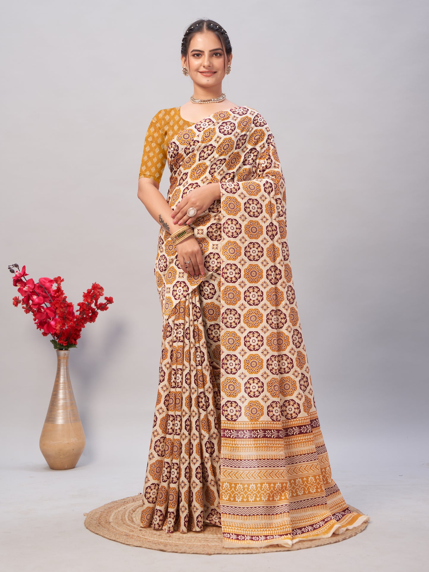 Saree – Soft Cotton Ajrakh Print Yellow (Different Motif) - D10
