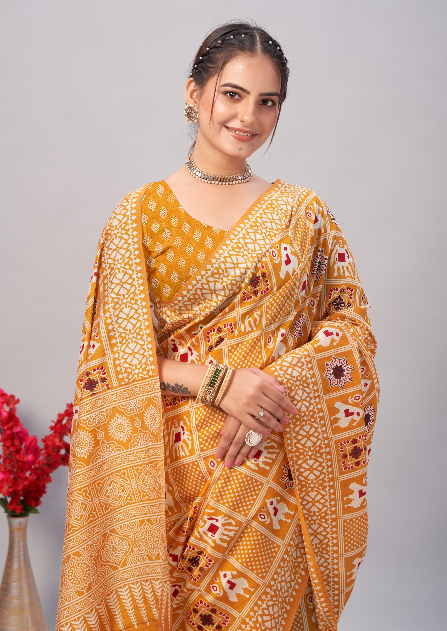 Saree – Soft Cotton Ajrakh Print Yellow (Different Motif) - D14