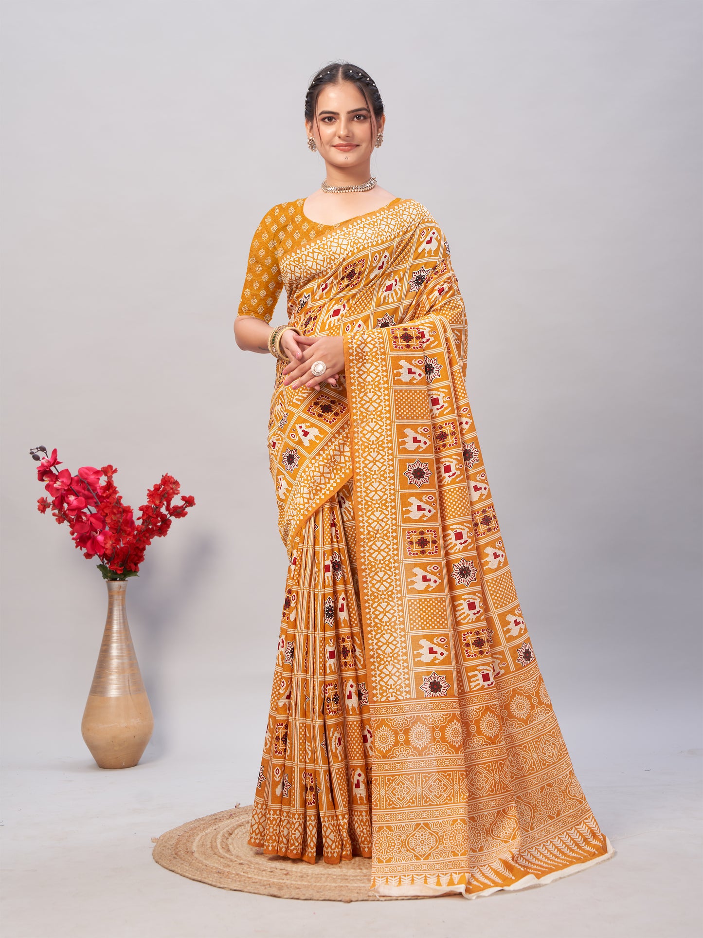 Saree – Soft Cotton Ajrakh Print Yellow (Different Motif) - D14