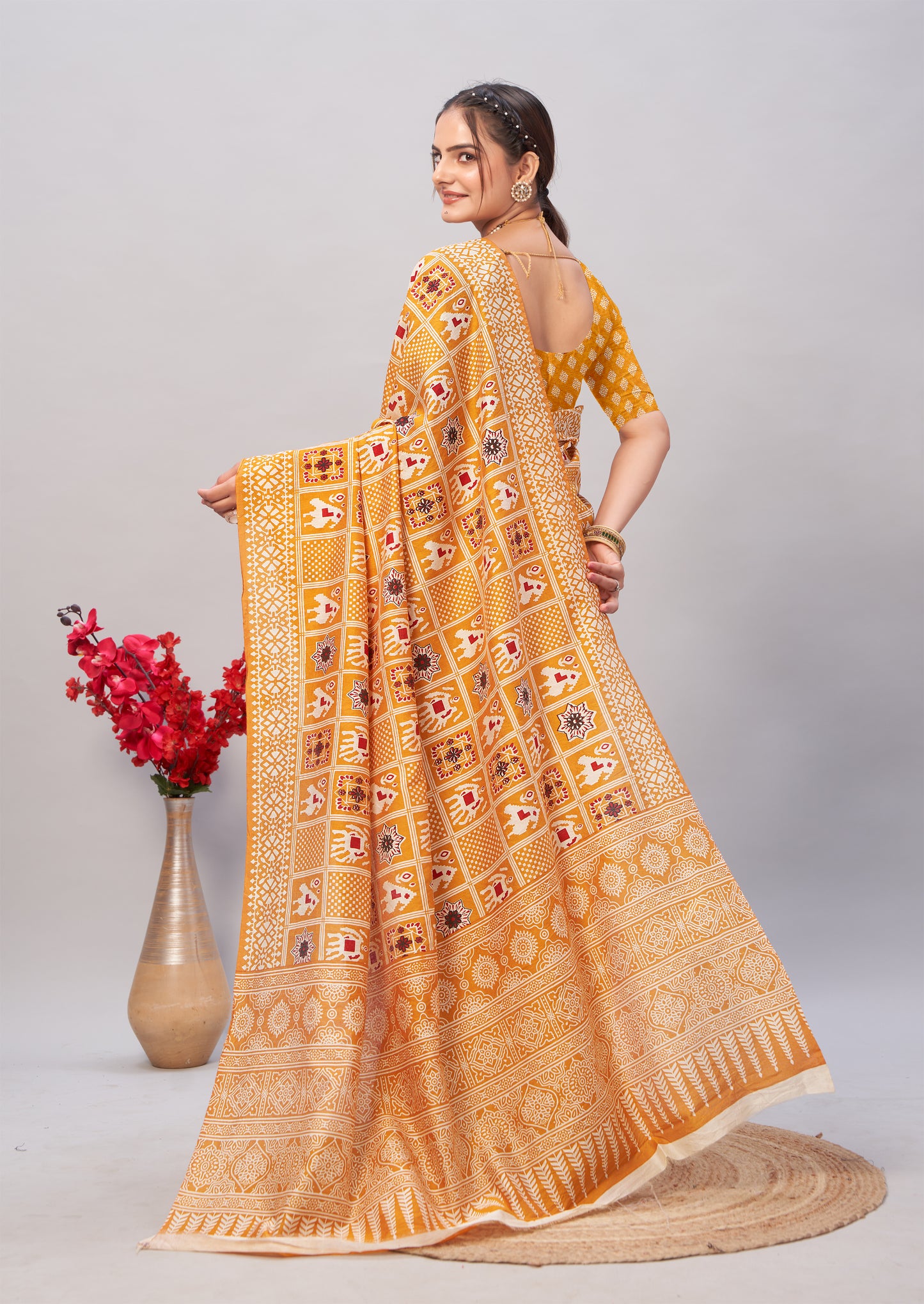 Saree – Soft Cotton Ajrakh Print Yellow (Different Motif) - D14