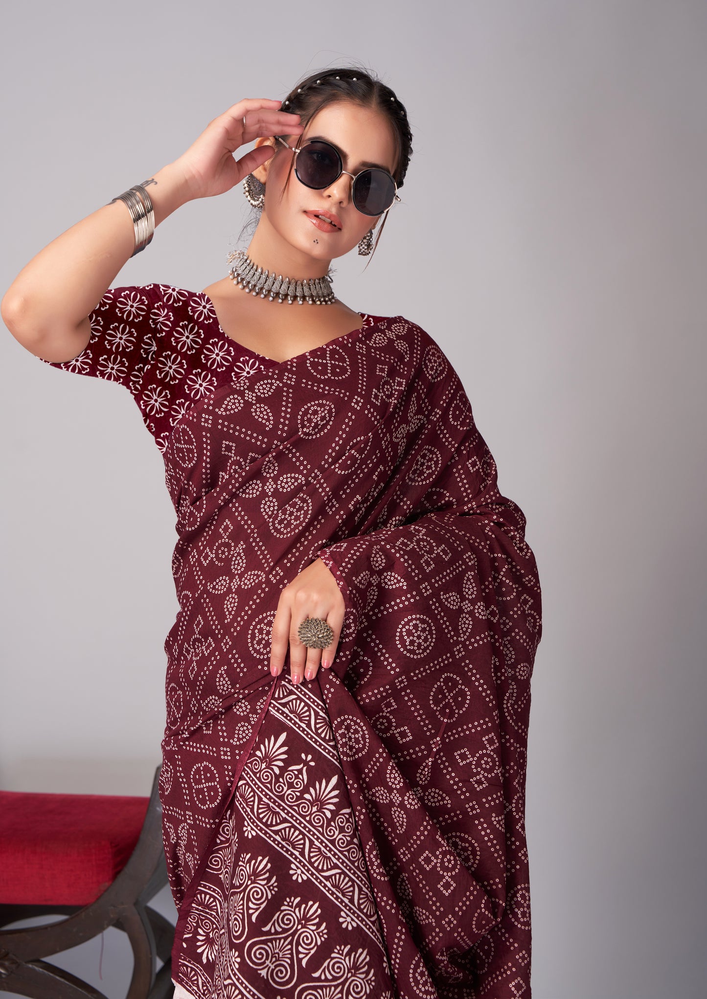 Saree – Soft Cotton Ajrakh Print Dark Maroon (Different Motif) - D15