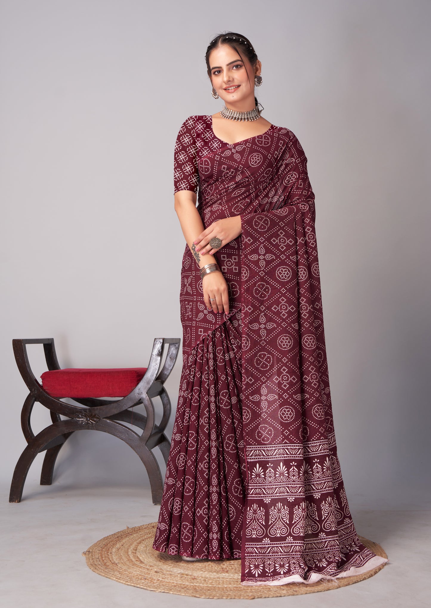Saree – Soft Cotton Ajrakh Print Dark Maroon (Different Motif) - D15