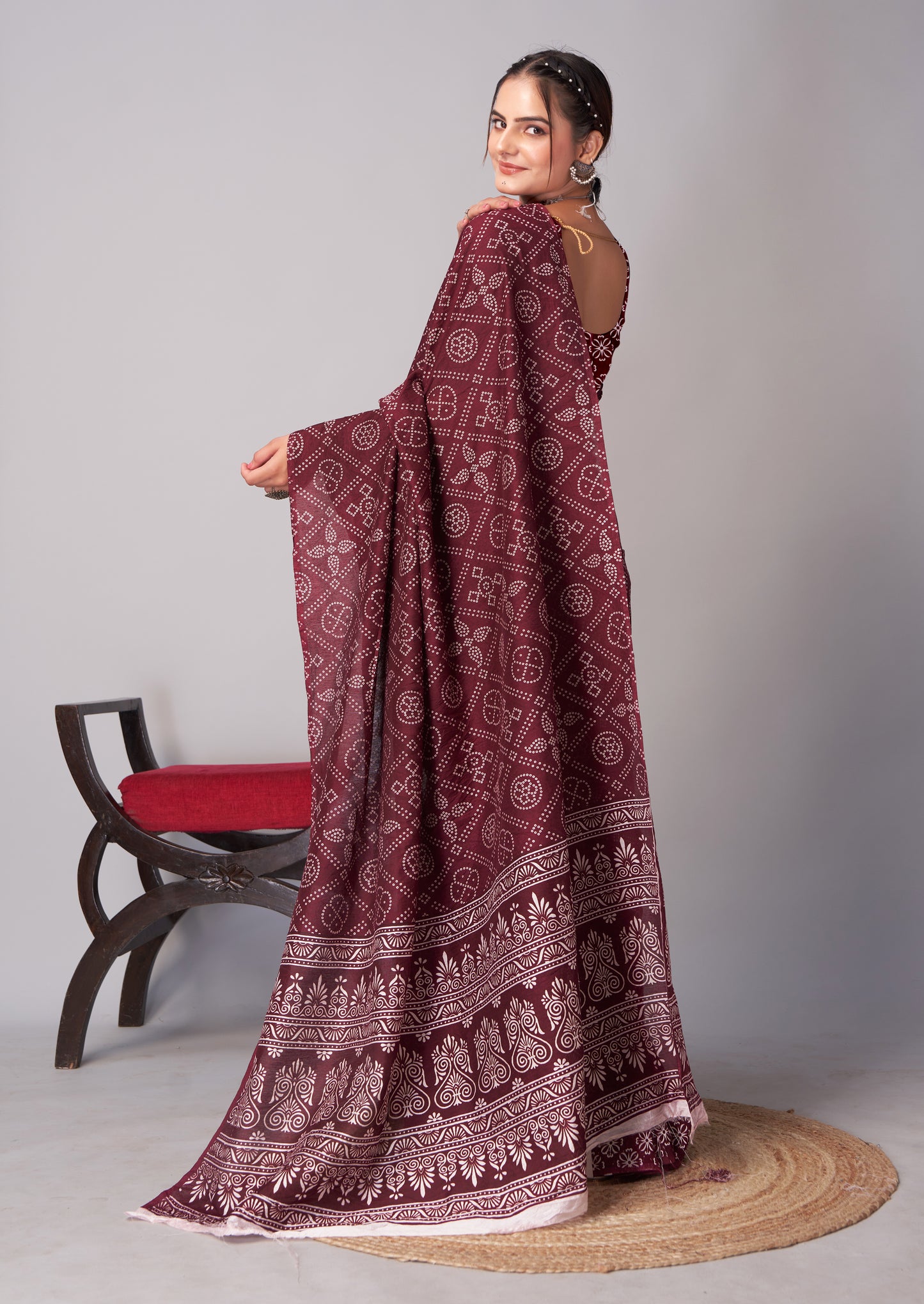 Saree – Soft Cotton Ajrakh Print Dark Maroon (Different Motif) - D15