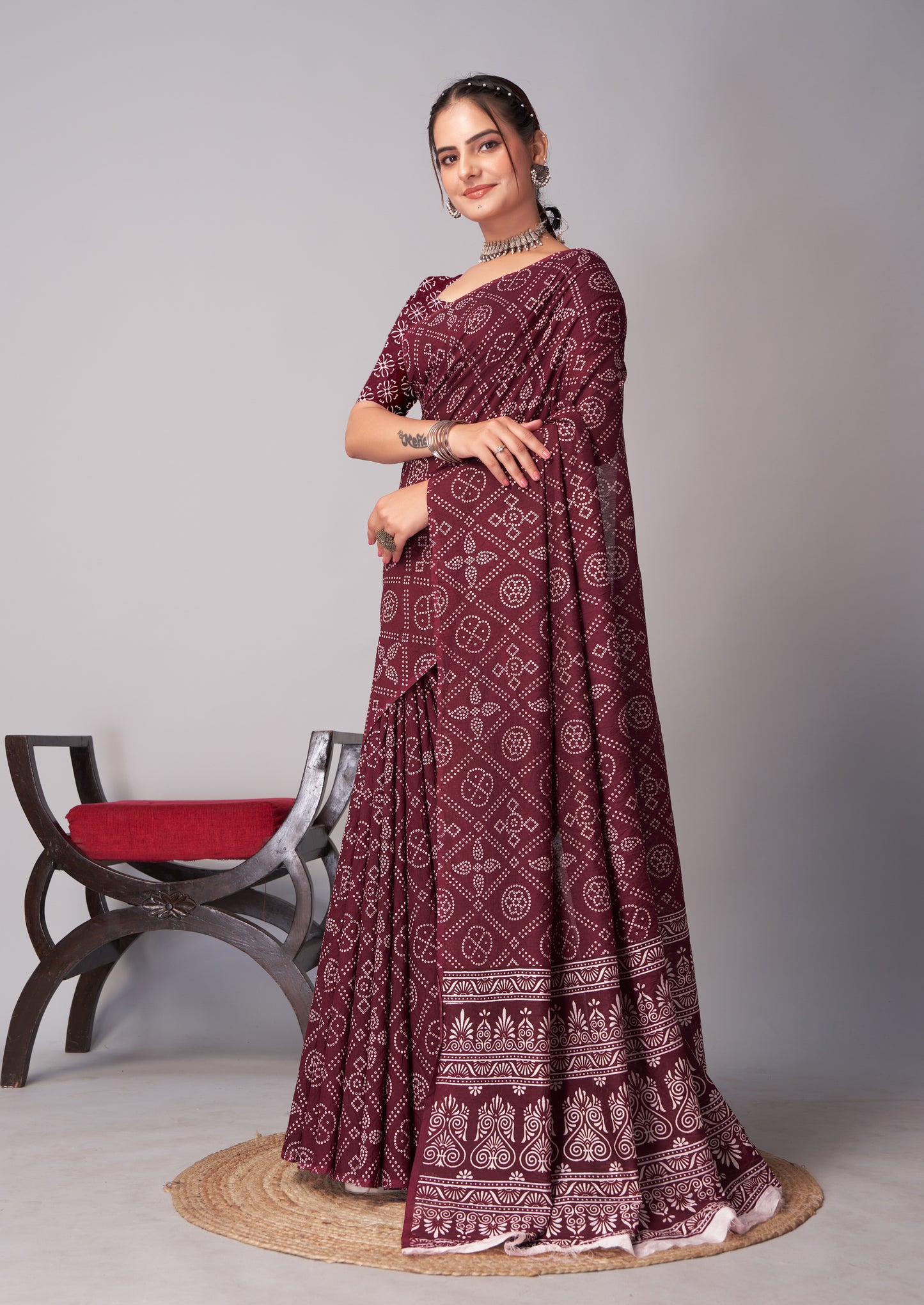 Saree – Soft Cotton Ajrakh Print Dark Maroon (Different Motif) - D15