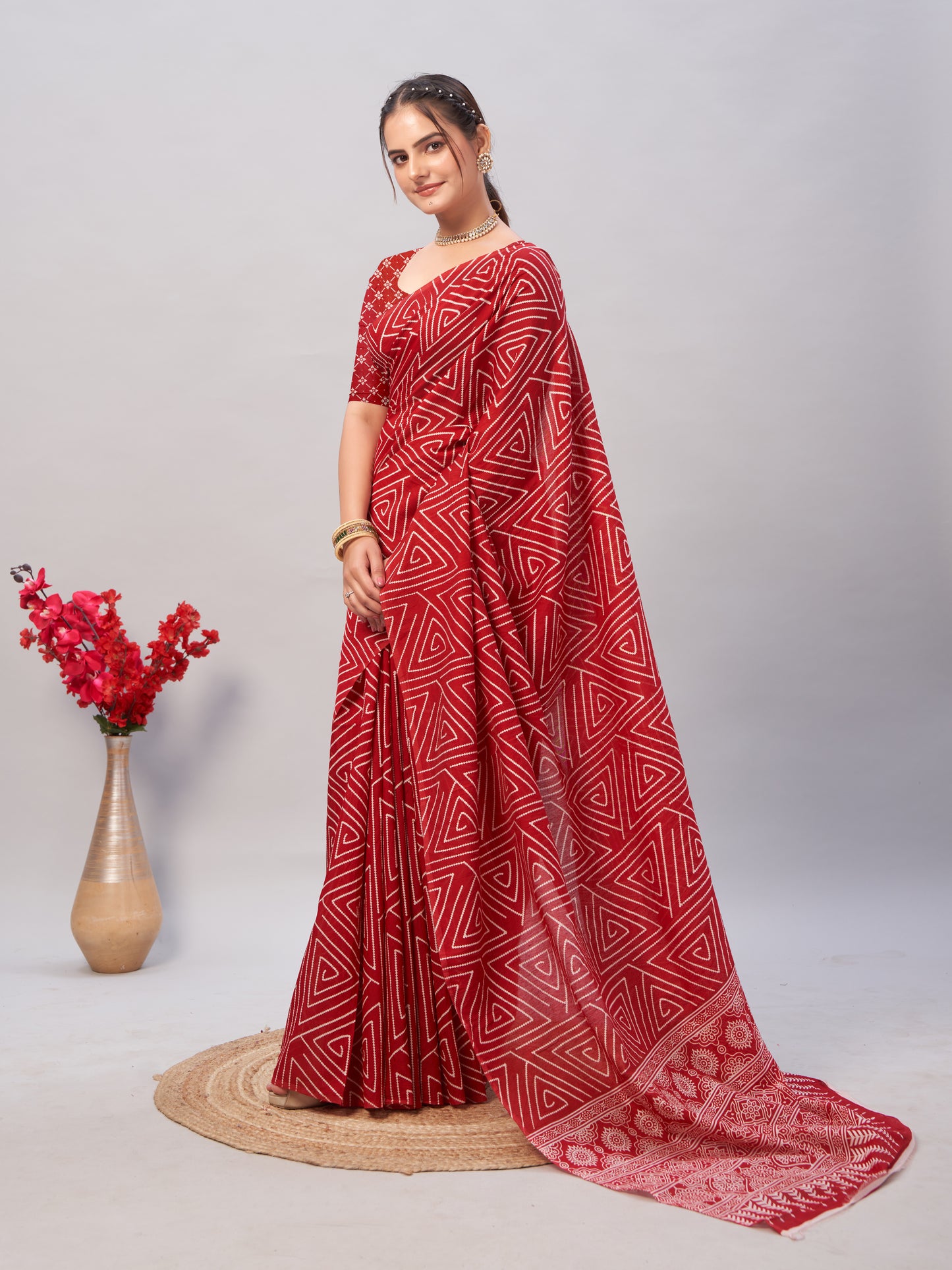 Saree – Soft Cotton Ajrakh Print Red (Different Motif) - D16