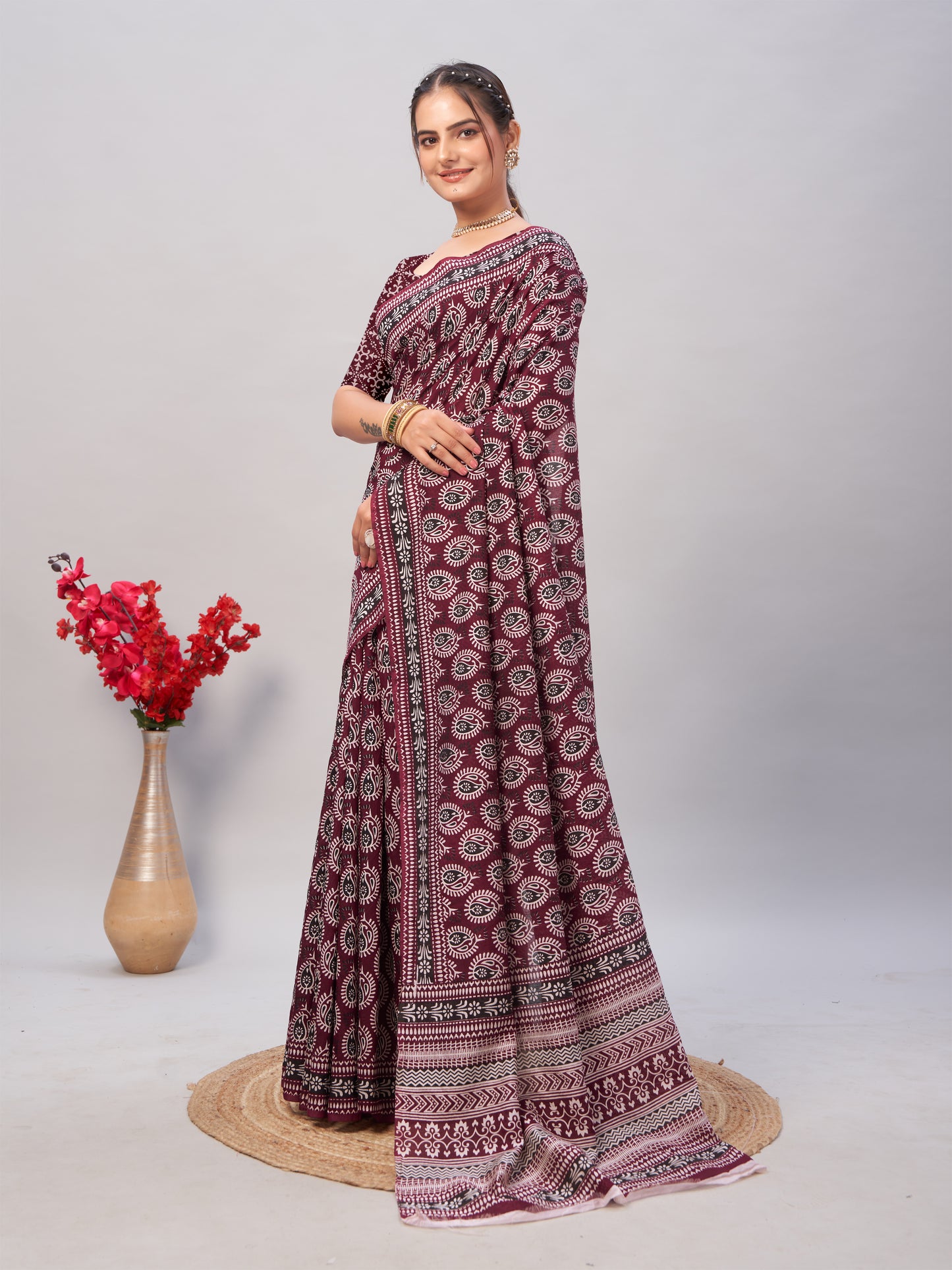 Saree – Soft Cotton Ajrakh Print Dark Maroon (Different Motif) - D17