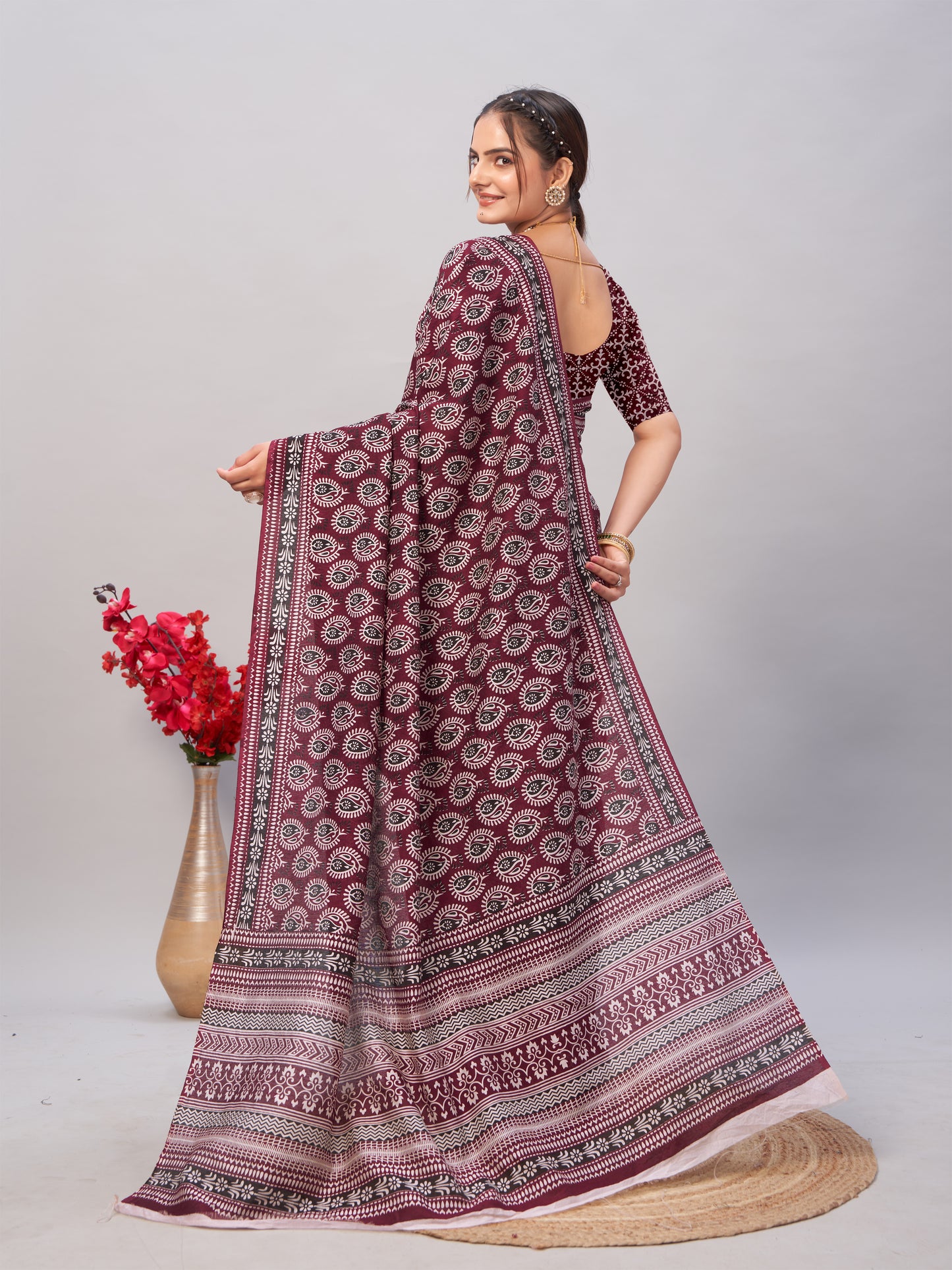 Saree – Soft Cotton Ajrakh Print Dark Maroon (Different Motif) - D17
