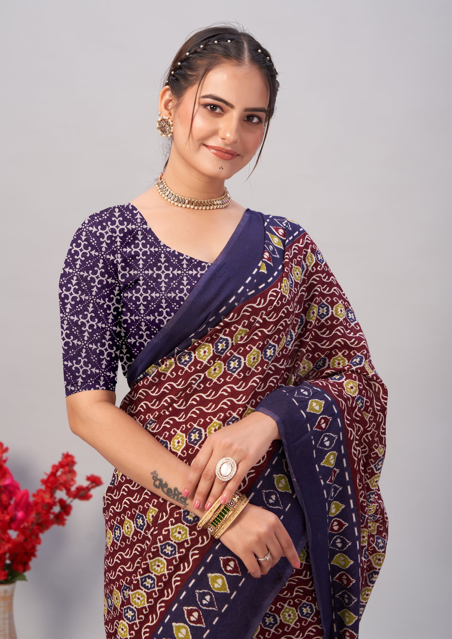 Saree – Soft Cotton Ajrakh Print Dark Purple Blue (Different Motif) - D18