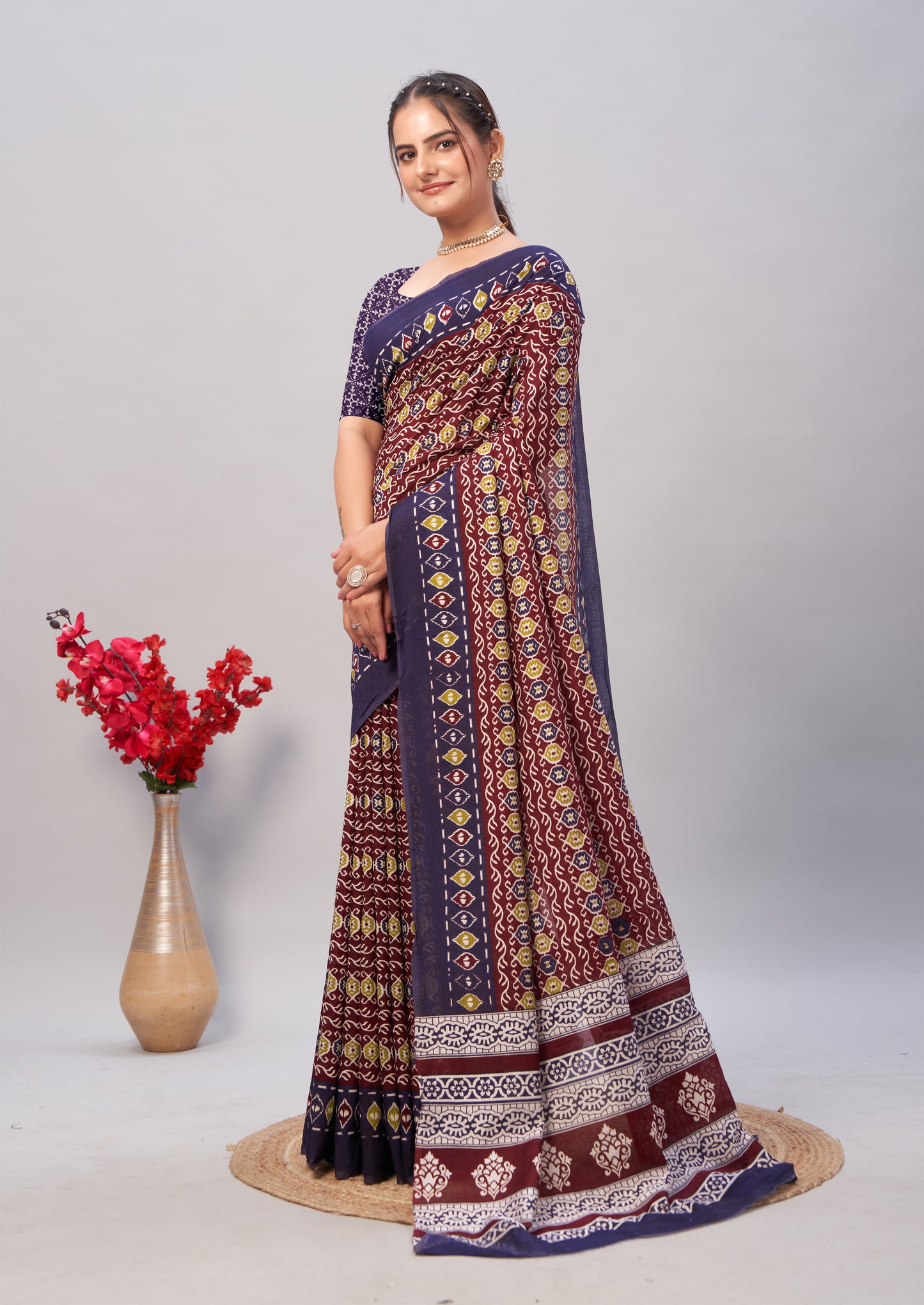 Saree – Soft Cotton Ajrakh Print Dark Purple Blue (Different Motif) - D18