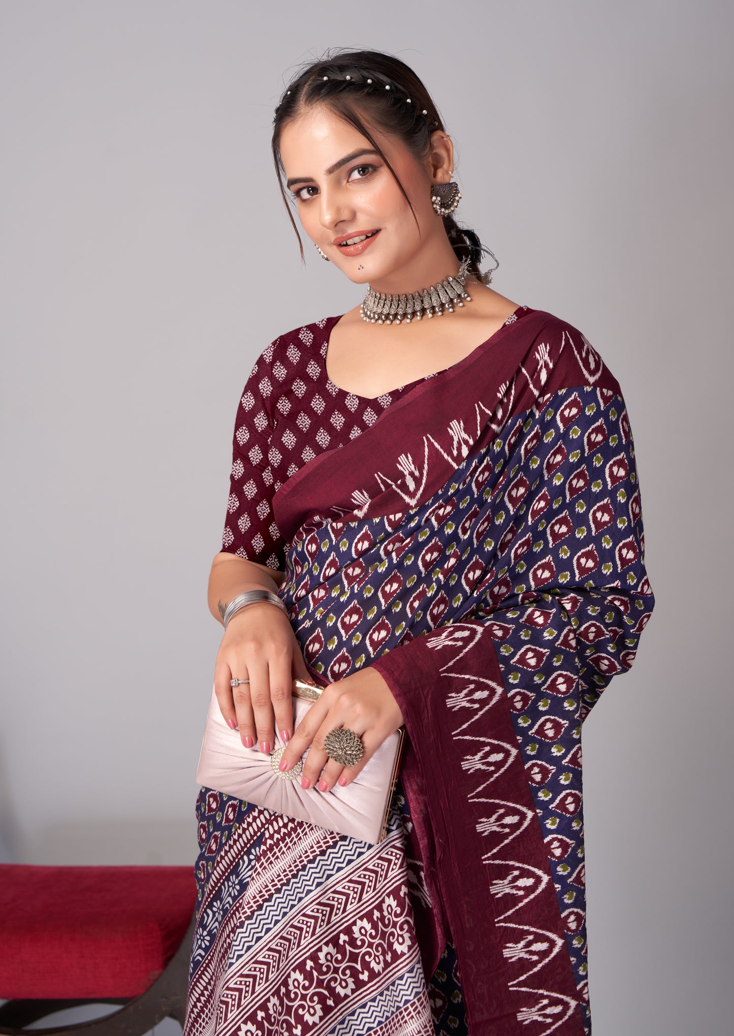 Saree – Soft Cotton Ajrakh Print Maroon Blue (Different Motif) - D19