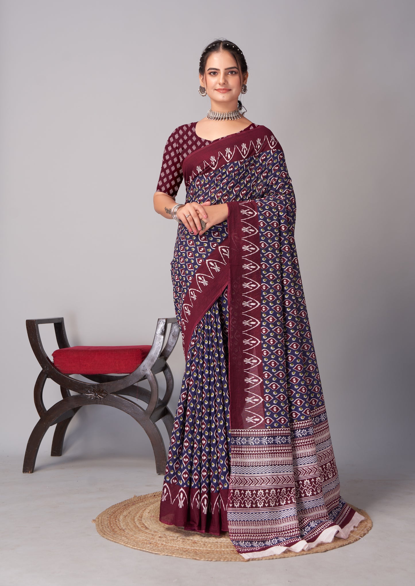 Saree – Soft Cotton Ajrakh Print Maroon Blue (Different Motif) - D19
