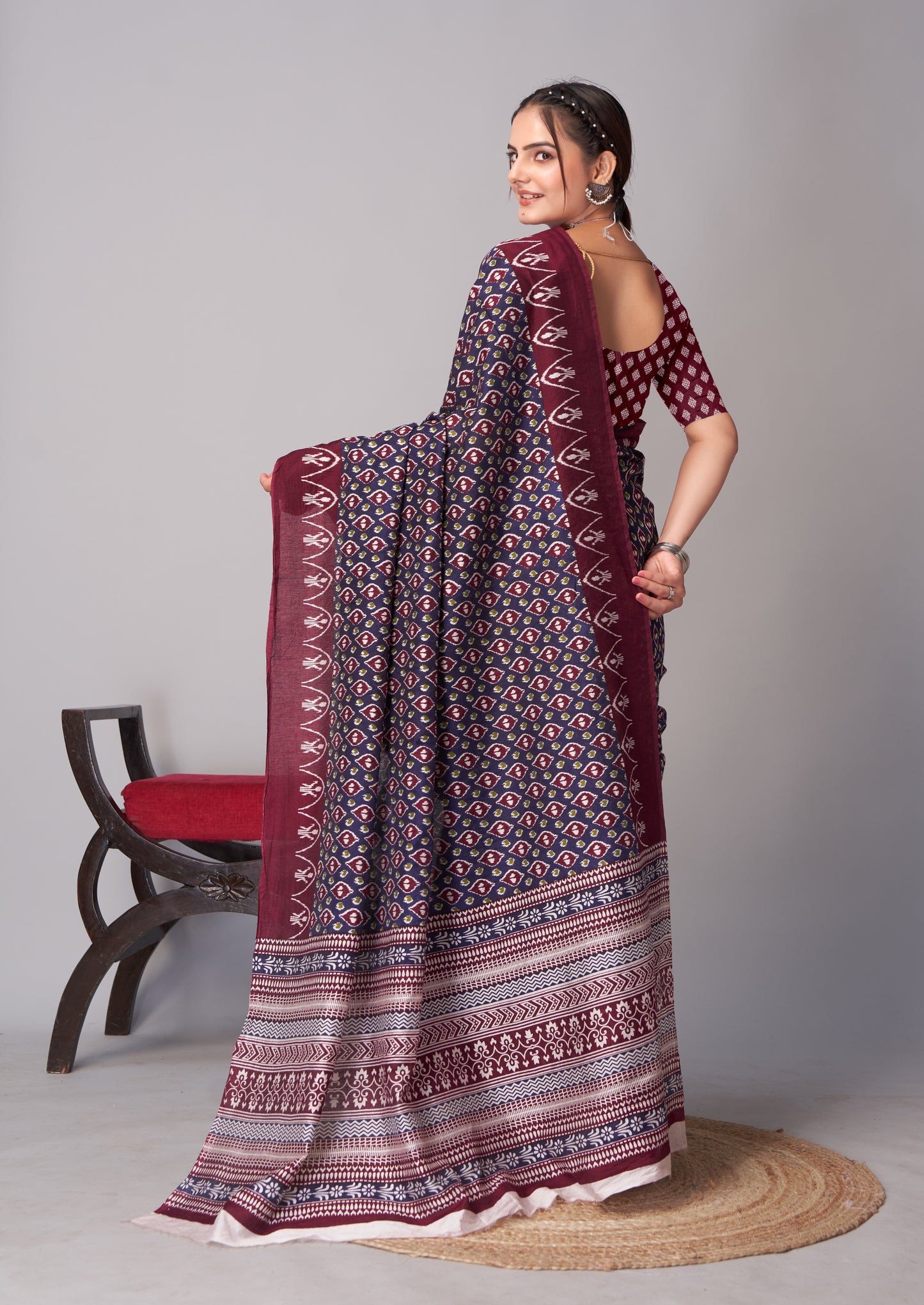 Saree – Soft Cotton Ajrakh Print Maroon Blue (Different Motif) - D19