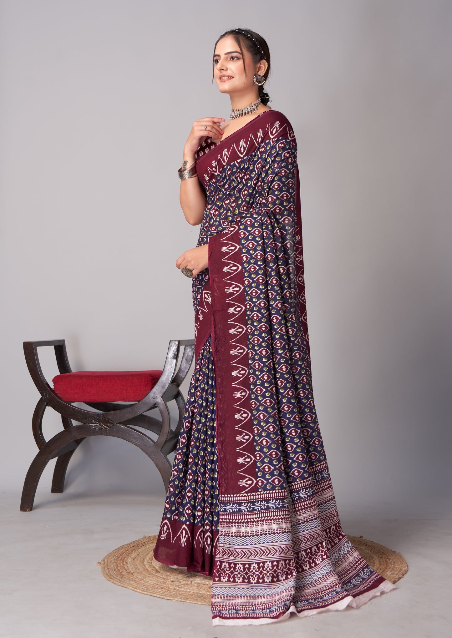 Saree – Soft Cotton Ajrakh Print Maroon Blue (Different Motif) - D19