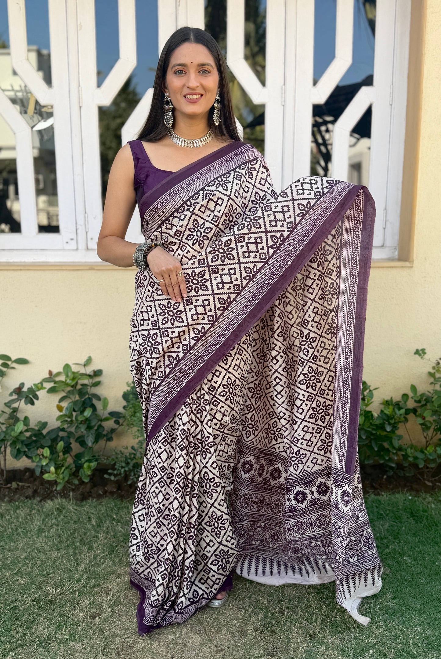 Saree – Soft Cotton Ajrakh Print Cream White with Purple Print - D20