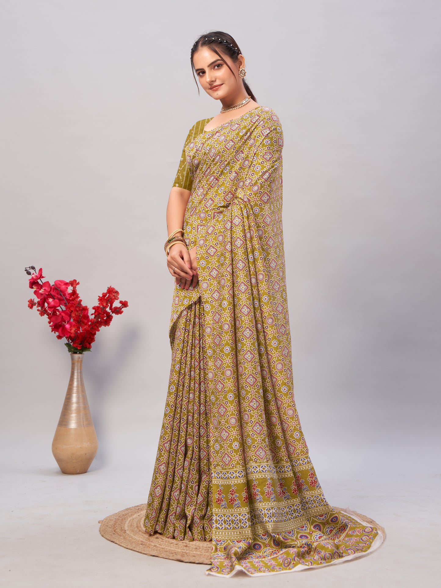 Saree – Soft Cotton Ajrakh Print Poster Yellow - D3