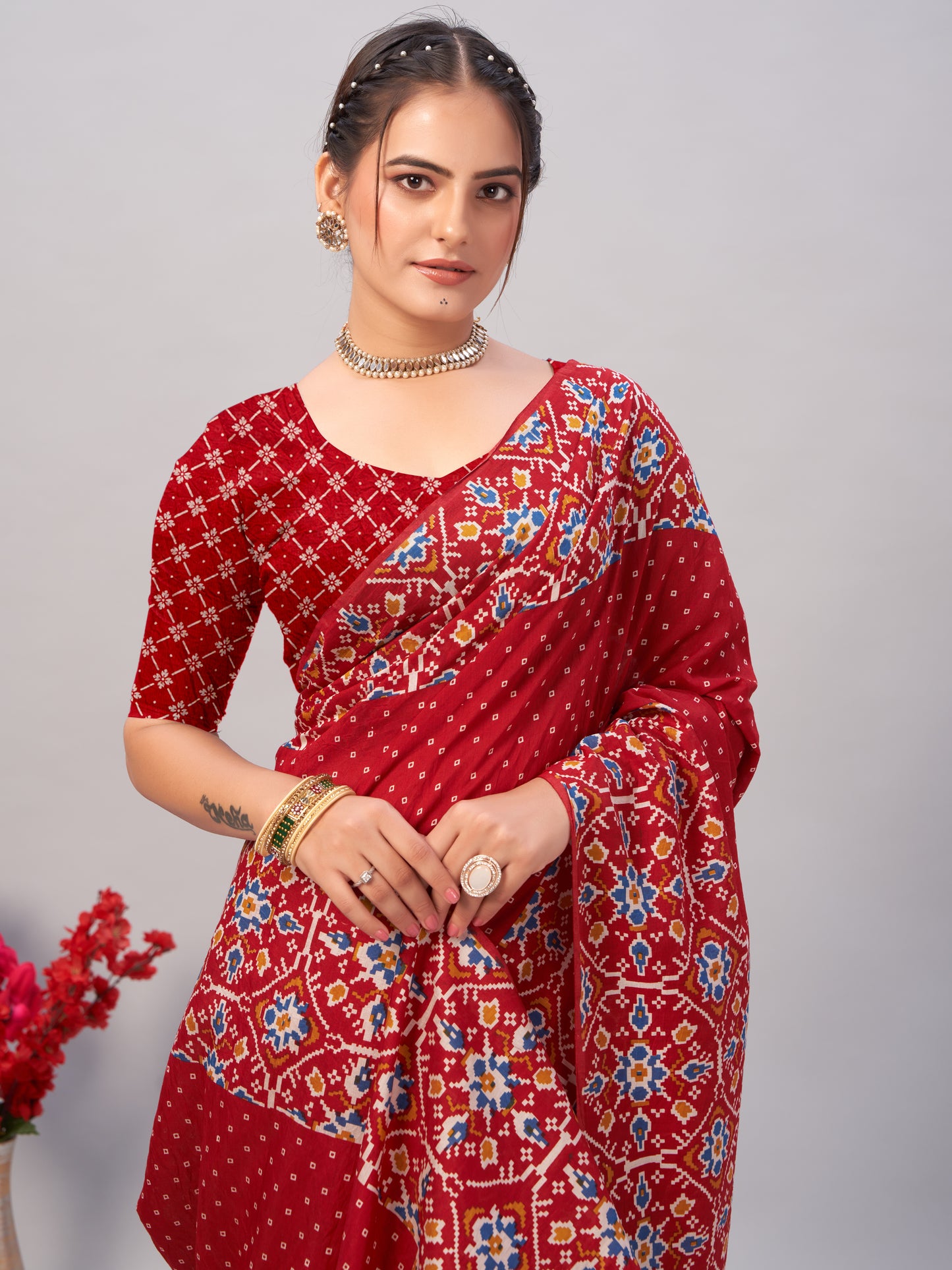 Saree – Soft Cotton Ajrakh Print Red - D4