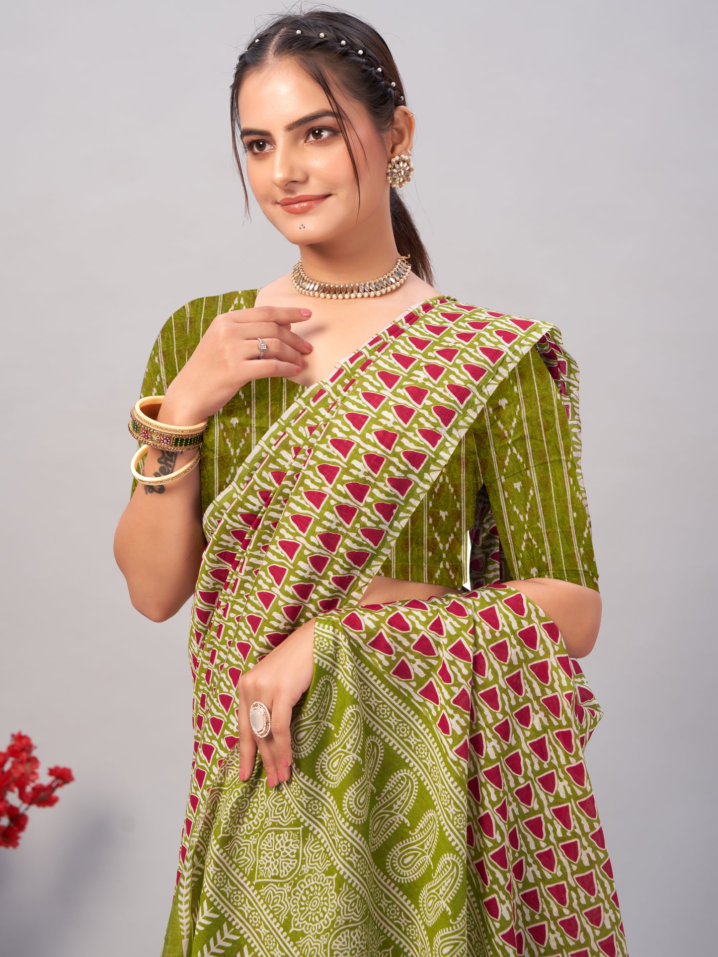 Saree – Soft Cotton Ajrakh Print Green - D5