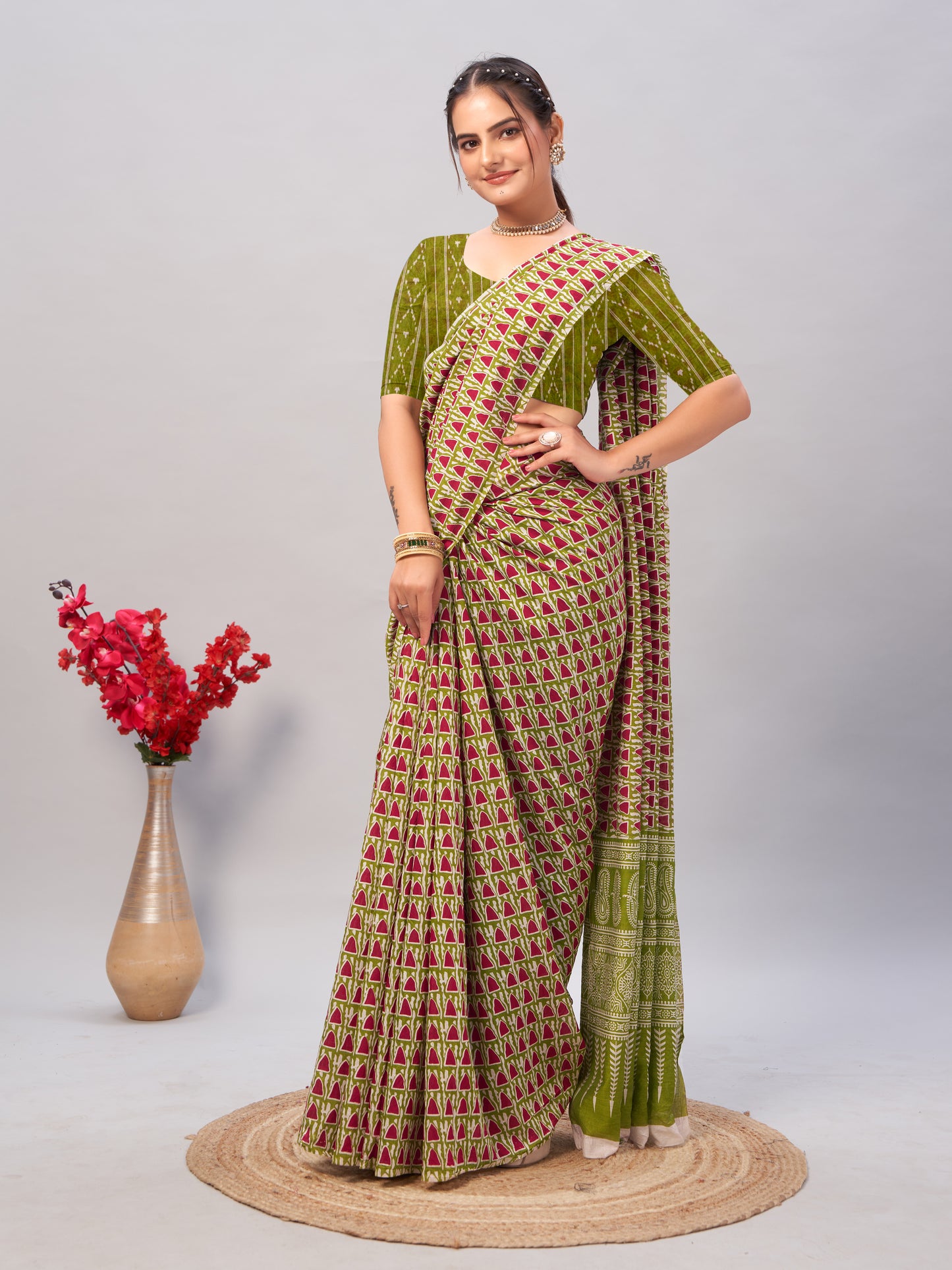 Saree – Soft Cotton Ajrakh Print Green - D5