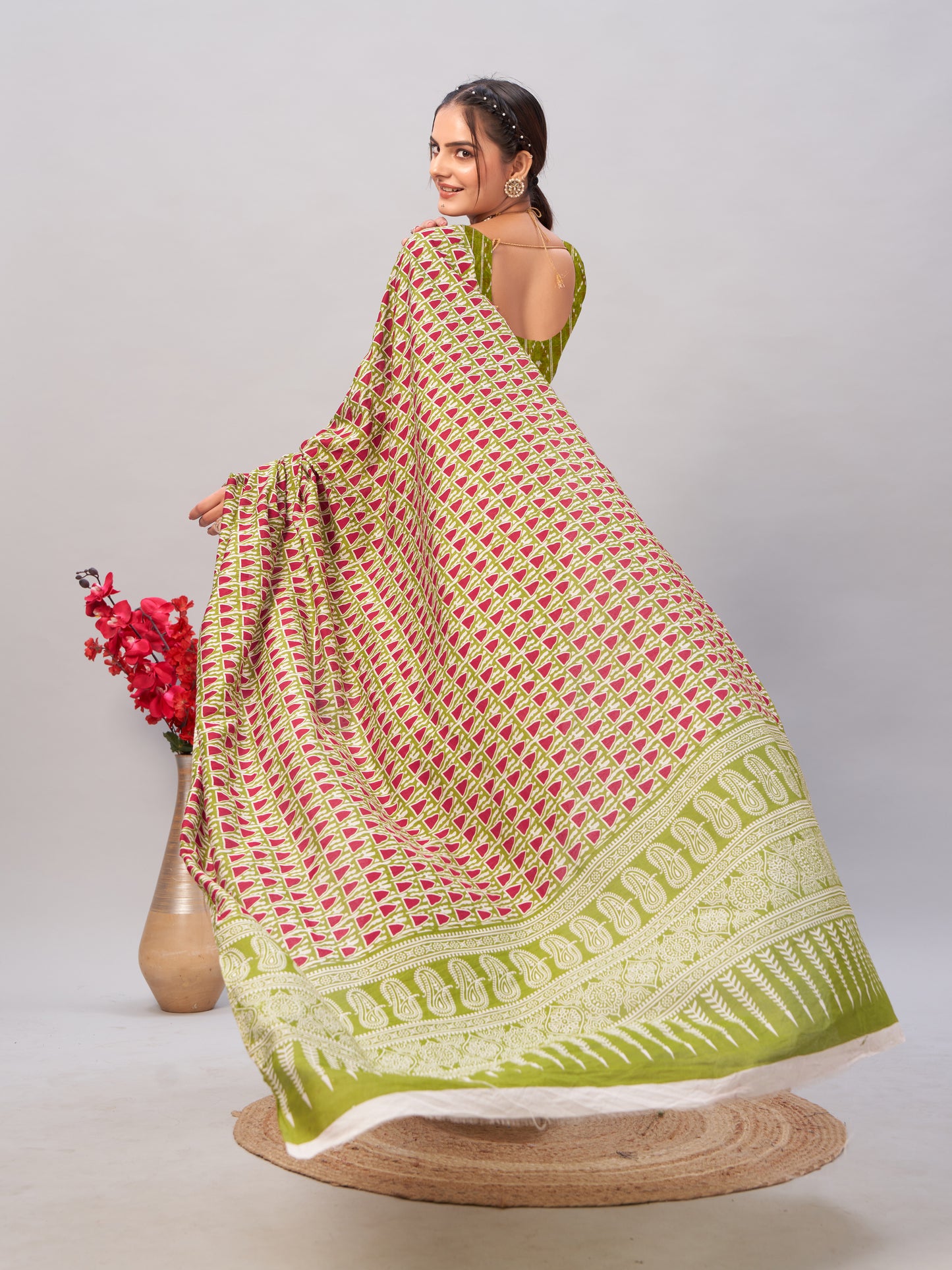 Saree – Soft Cotton Ajrakh Print Green - D5