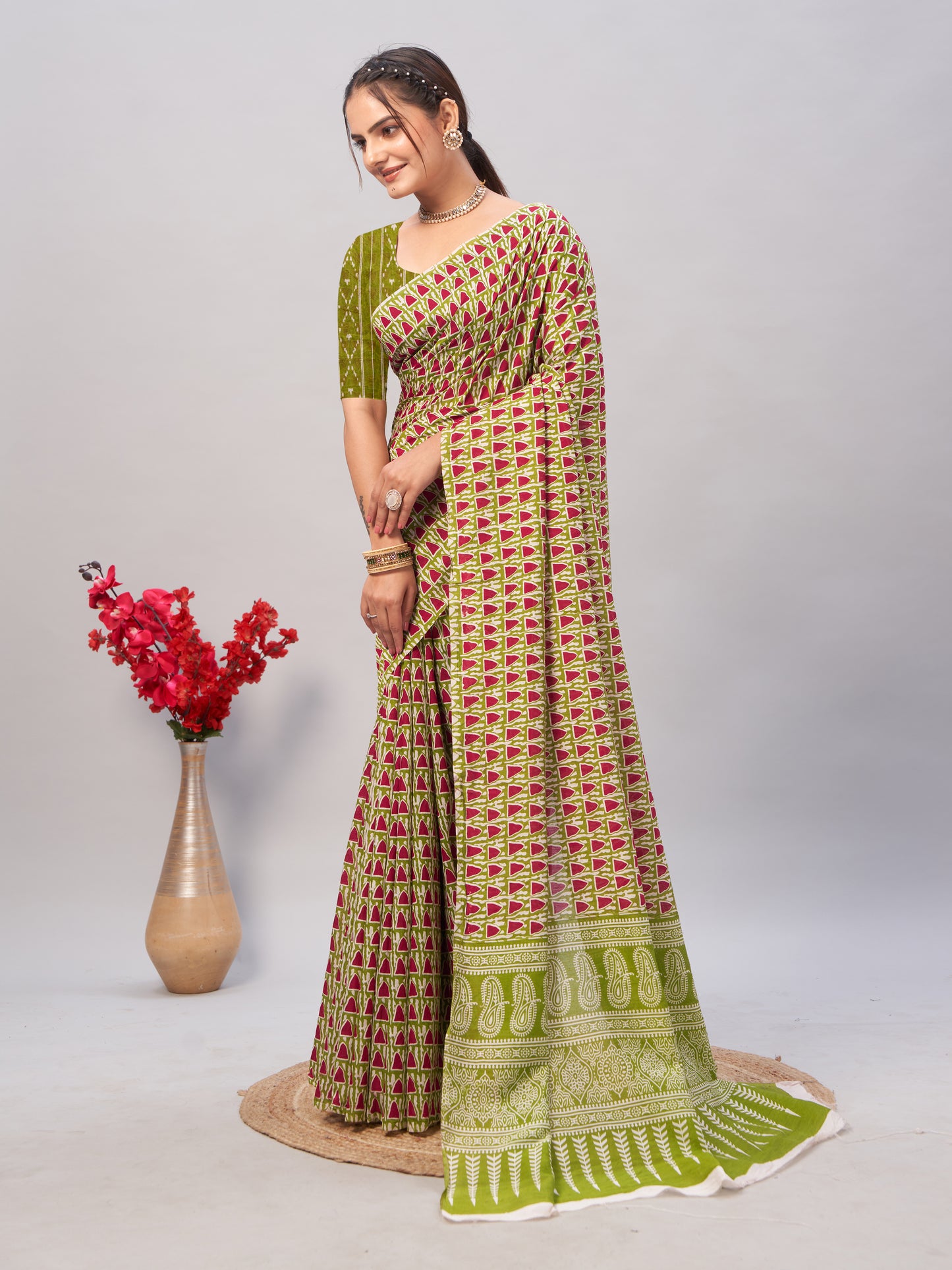Saree – Soft Cotton Ajrakh Print Green - D5