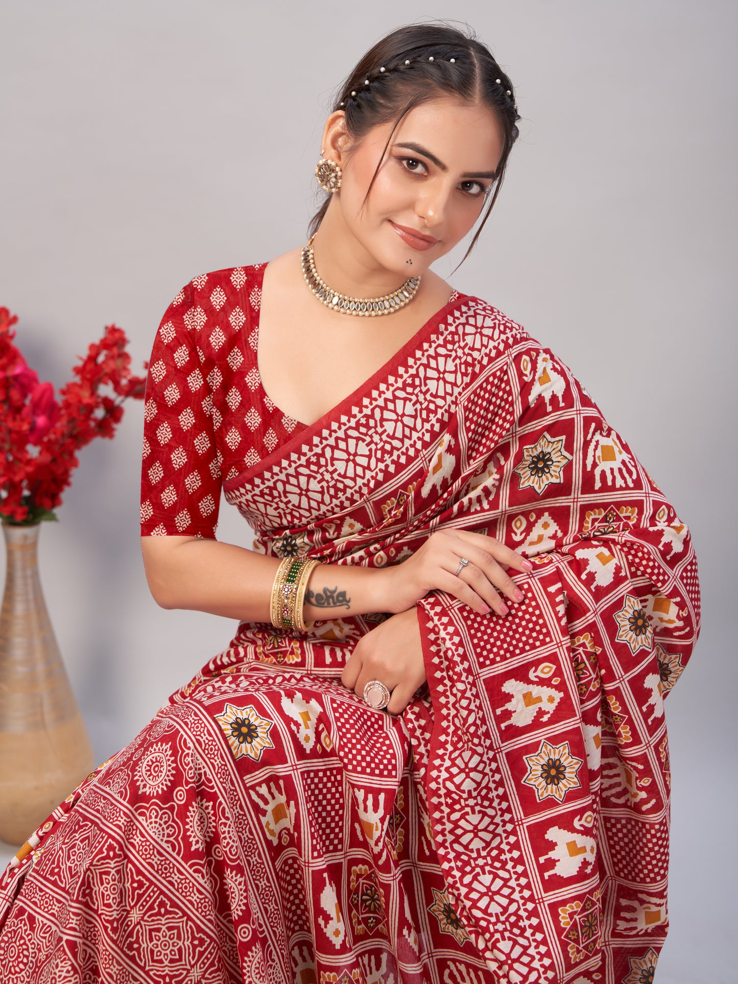Saree – Soft Cotton Ajrakh Print Red (Different Motif) - D6