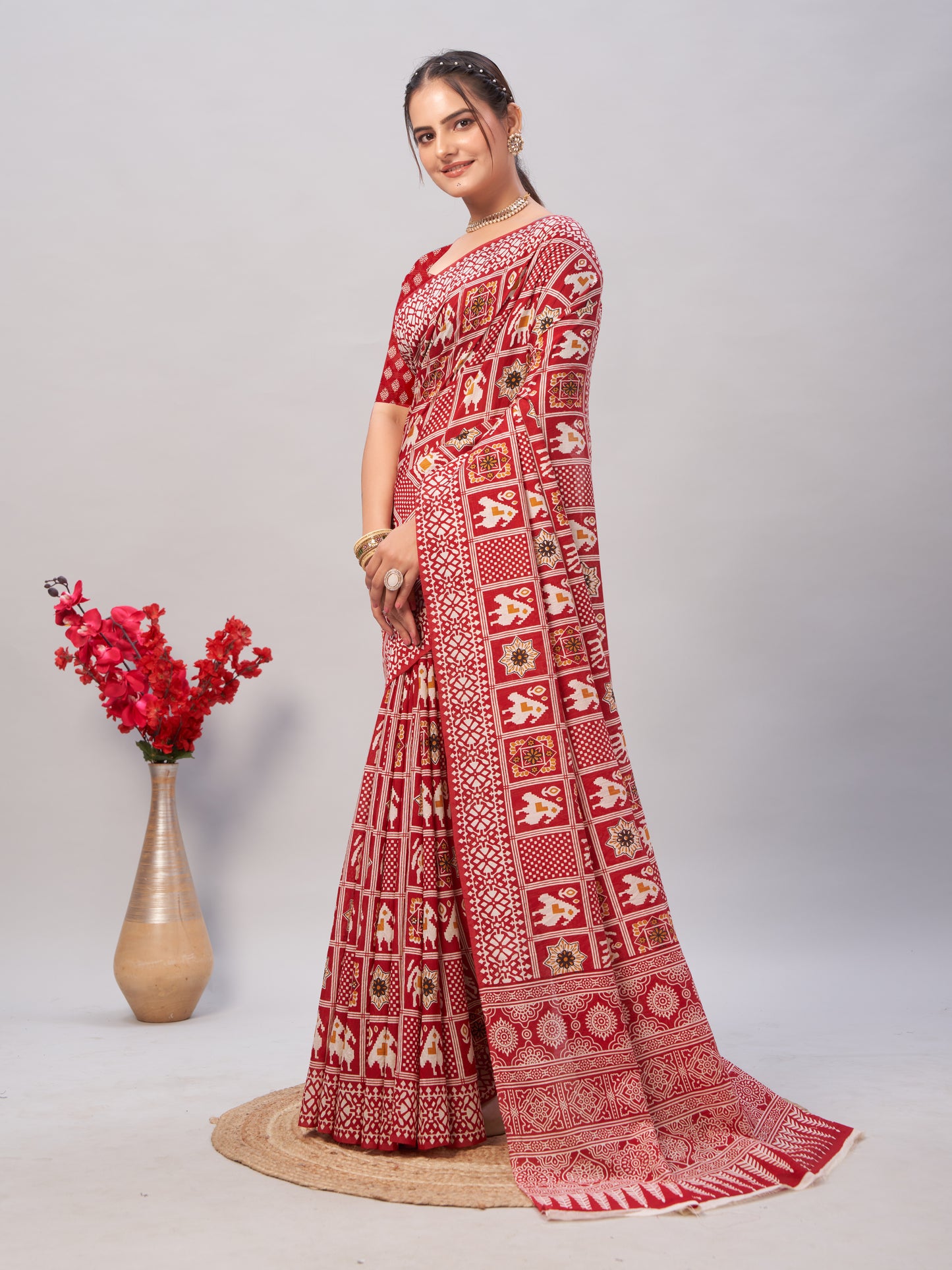 Saree – Soft Cotton Ajrakh Print Red (Different Motif) - D6