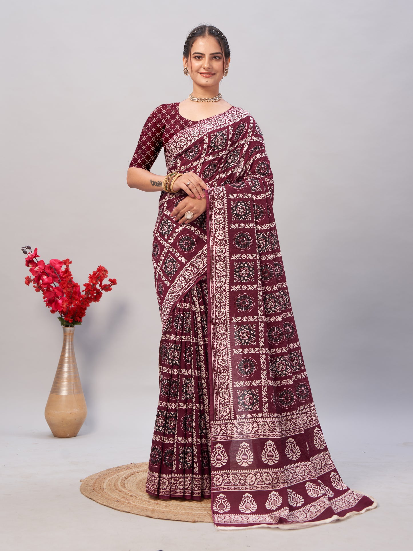 Saree - Soft Cotton Ajarakh Print Wine Maroon - D1
