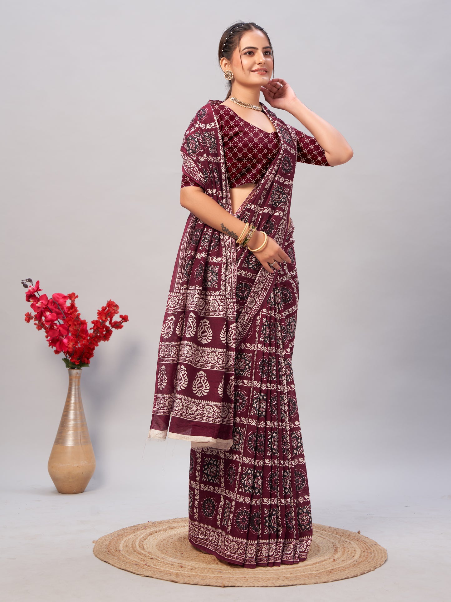 Saree - Soft Cotton Ajarakh Print Wine Maroon - D1