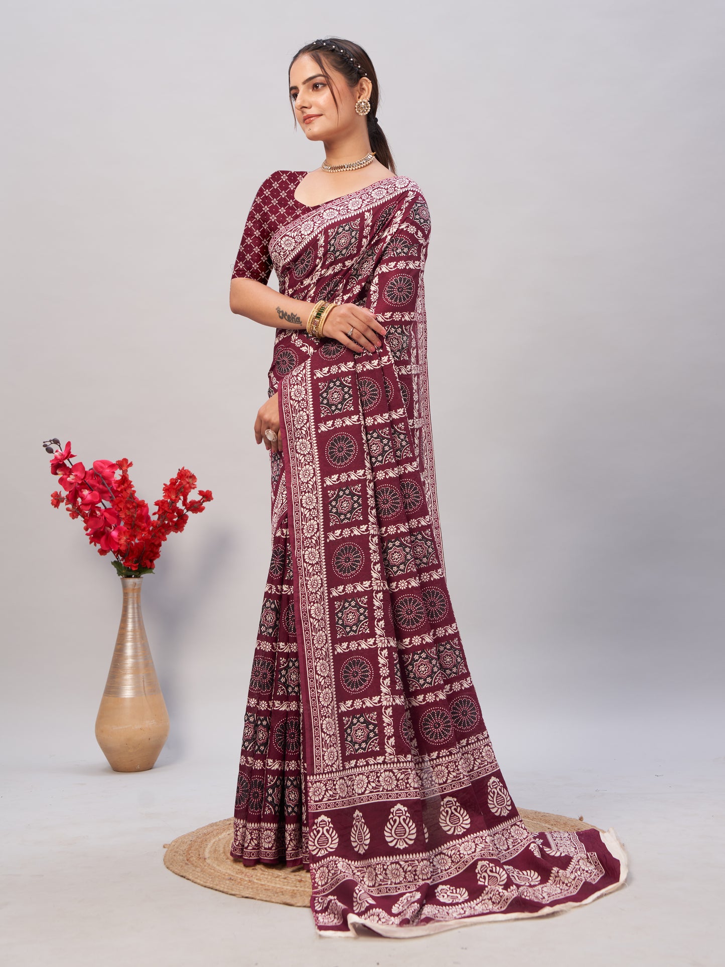 Saree - Soft Cotton Ajarakh Print Wine Maroon - D1