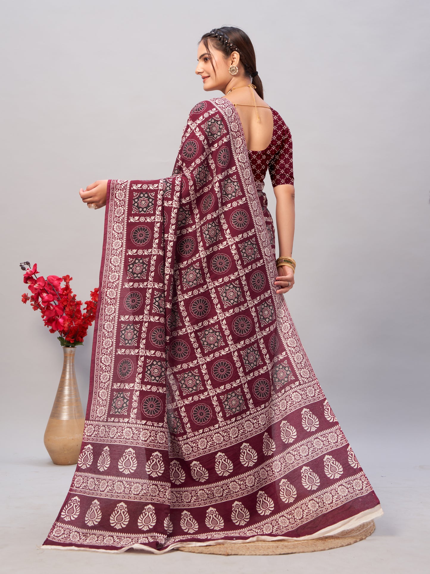 Saree - Soft Cotton Ajarakh Print Wine Maroon - D1