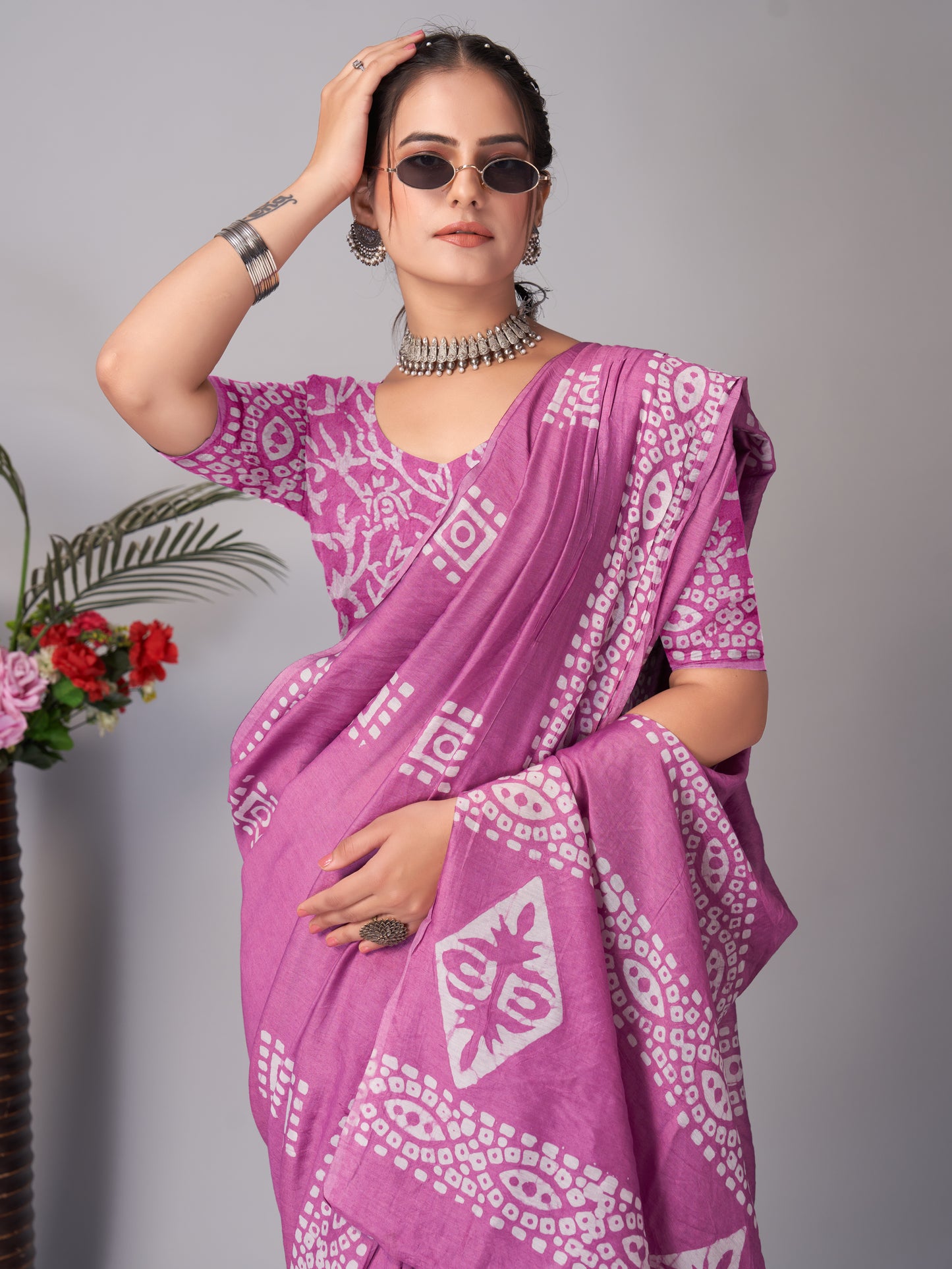 Saree – Soft Cotton Batik Print Box Wine - B6