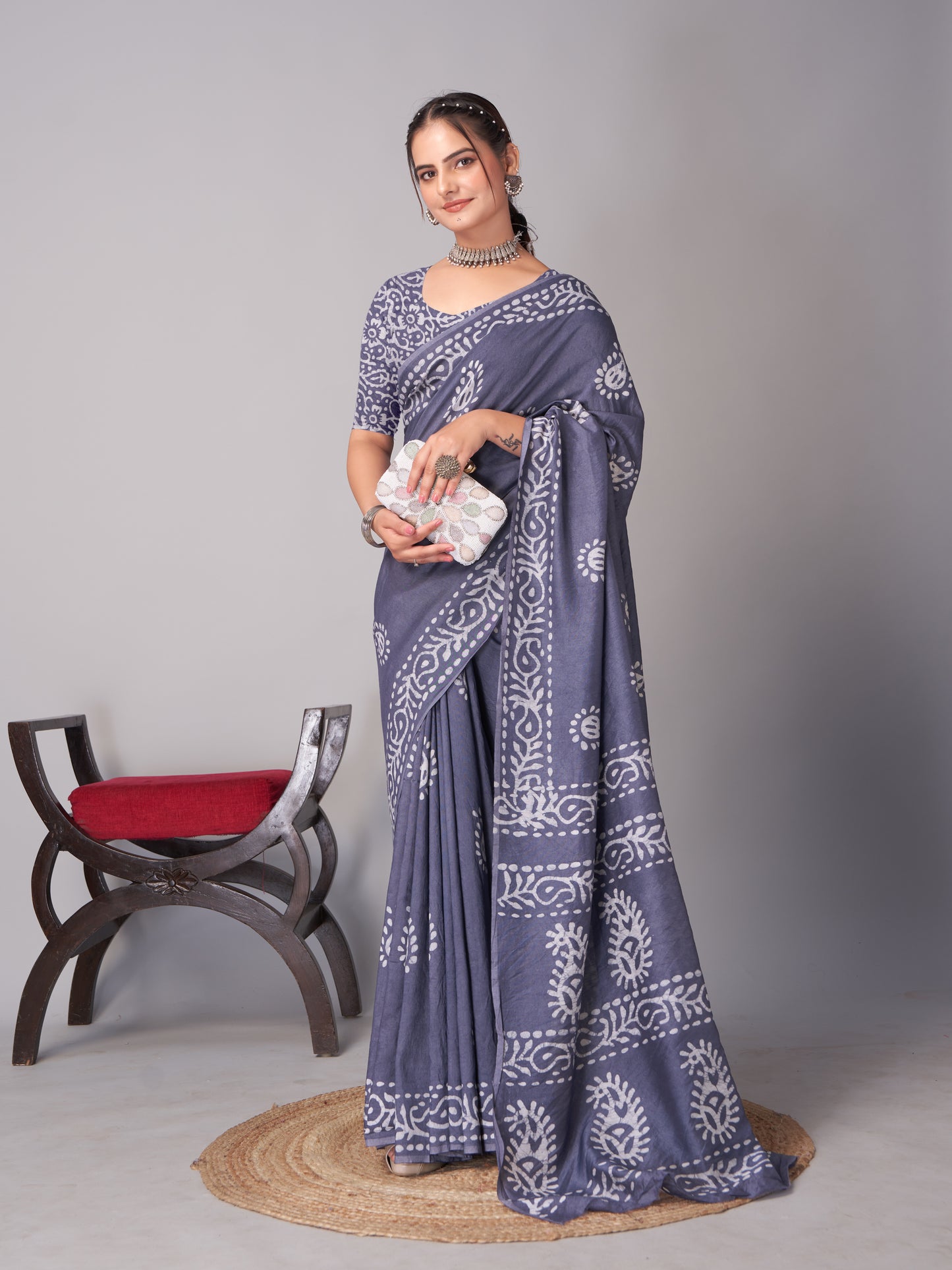 Saree – Soft Cotton Batik Print Mango Grey - B5