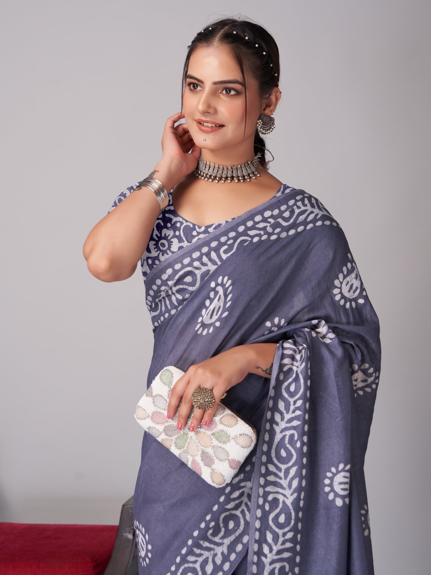 Saree – Soft Cotton Batik Print Mango Grey - B5