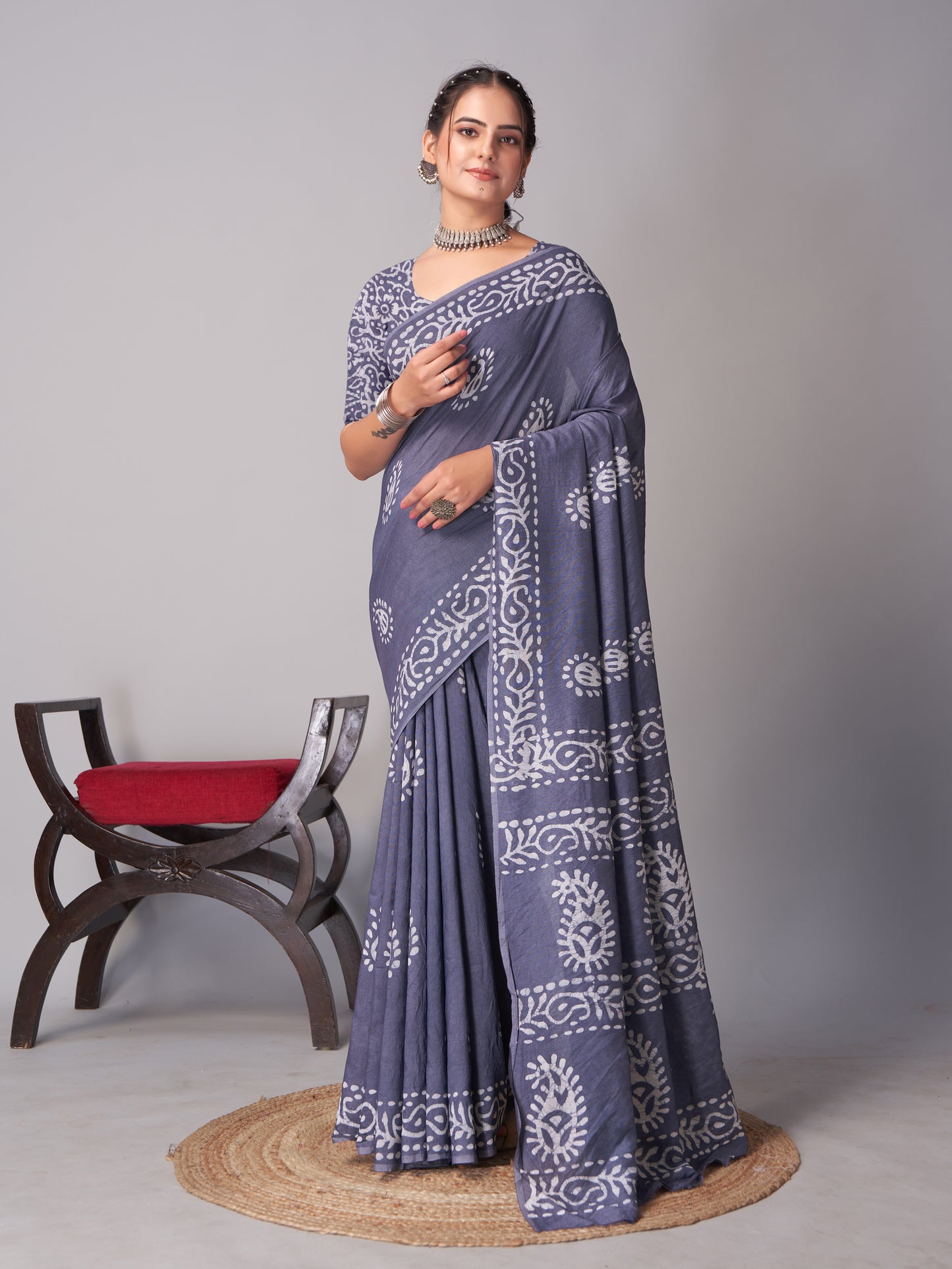 Saree – Soft Cotton Batik Print Mango Grey - B5