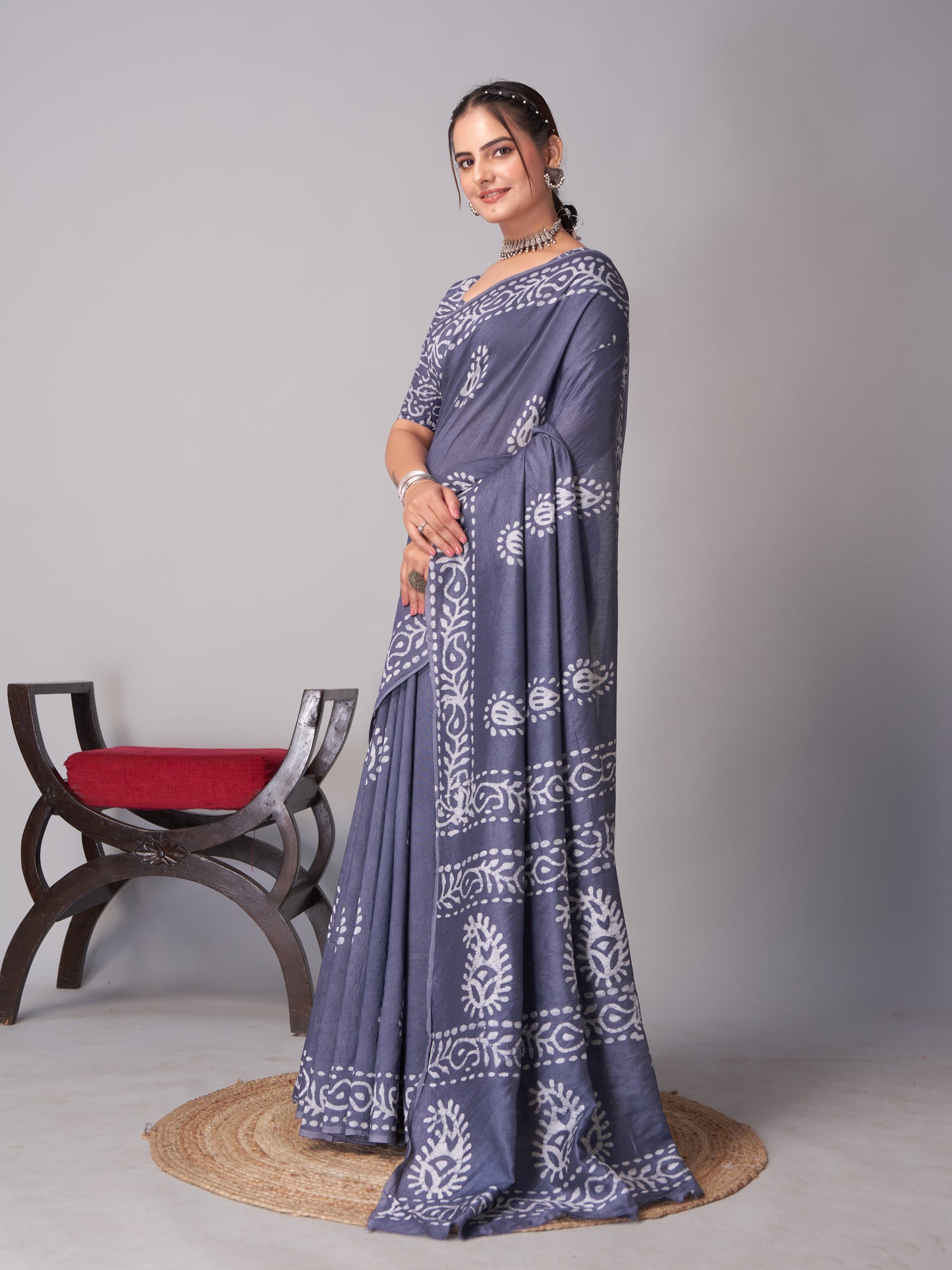 Saree – Soft Cotton Batik Print Mango Grey - B5