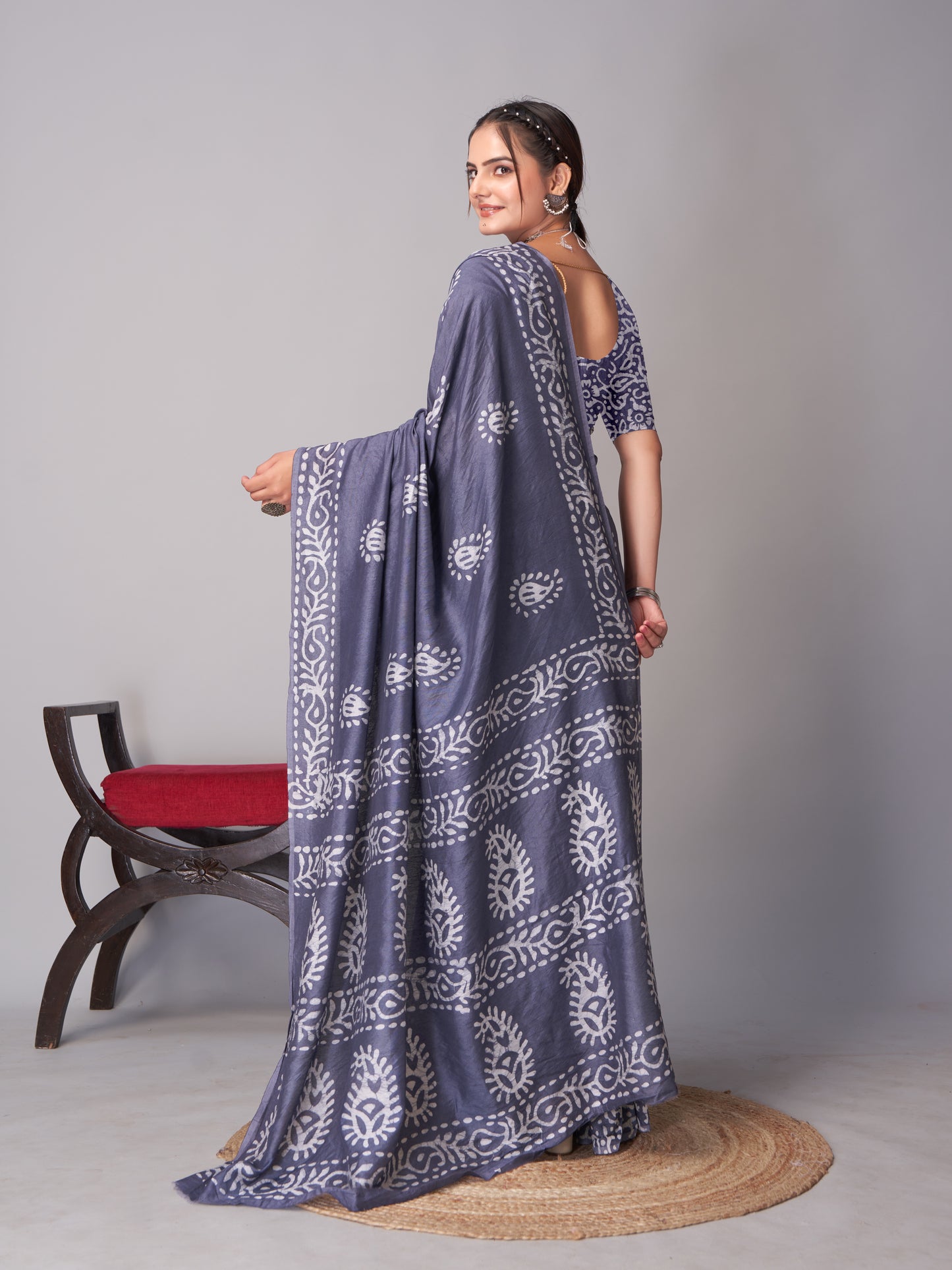 Saree – Soft Cotton Batik Print Mango Grey - B5