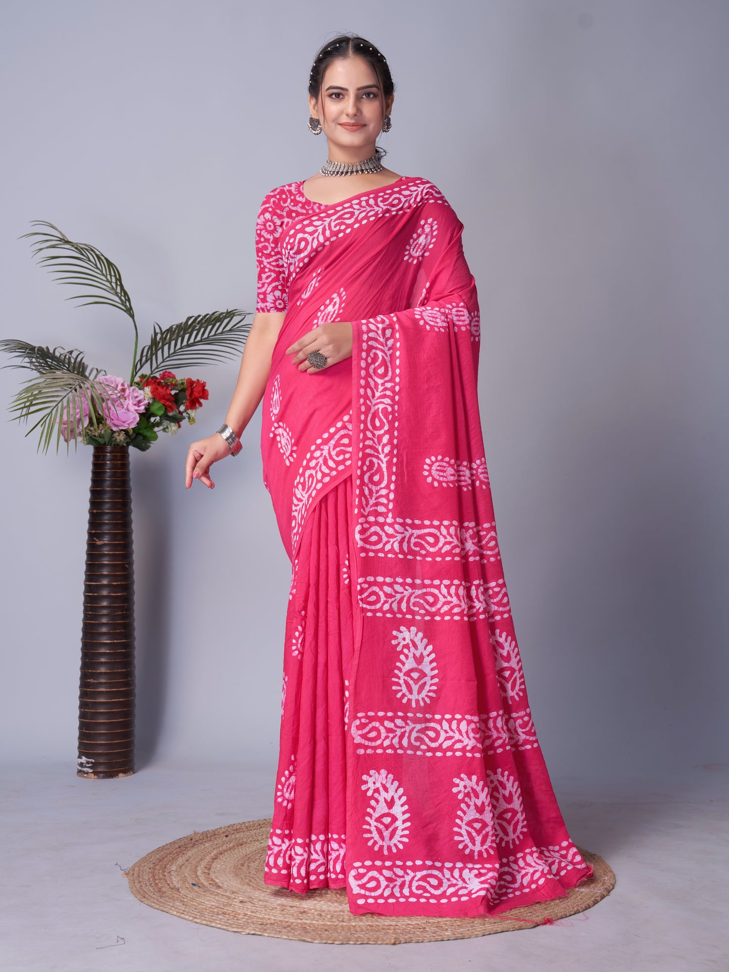 Saree – Soft Cotton Batik Print Mango Pink - B1