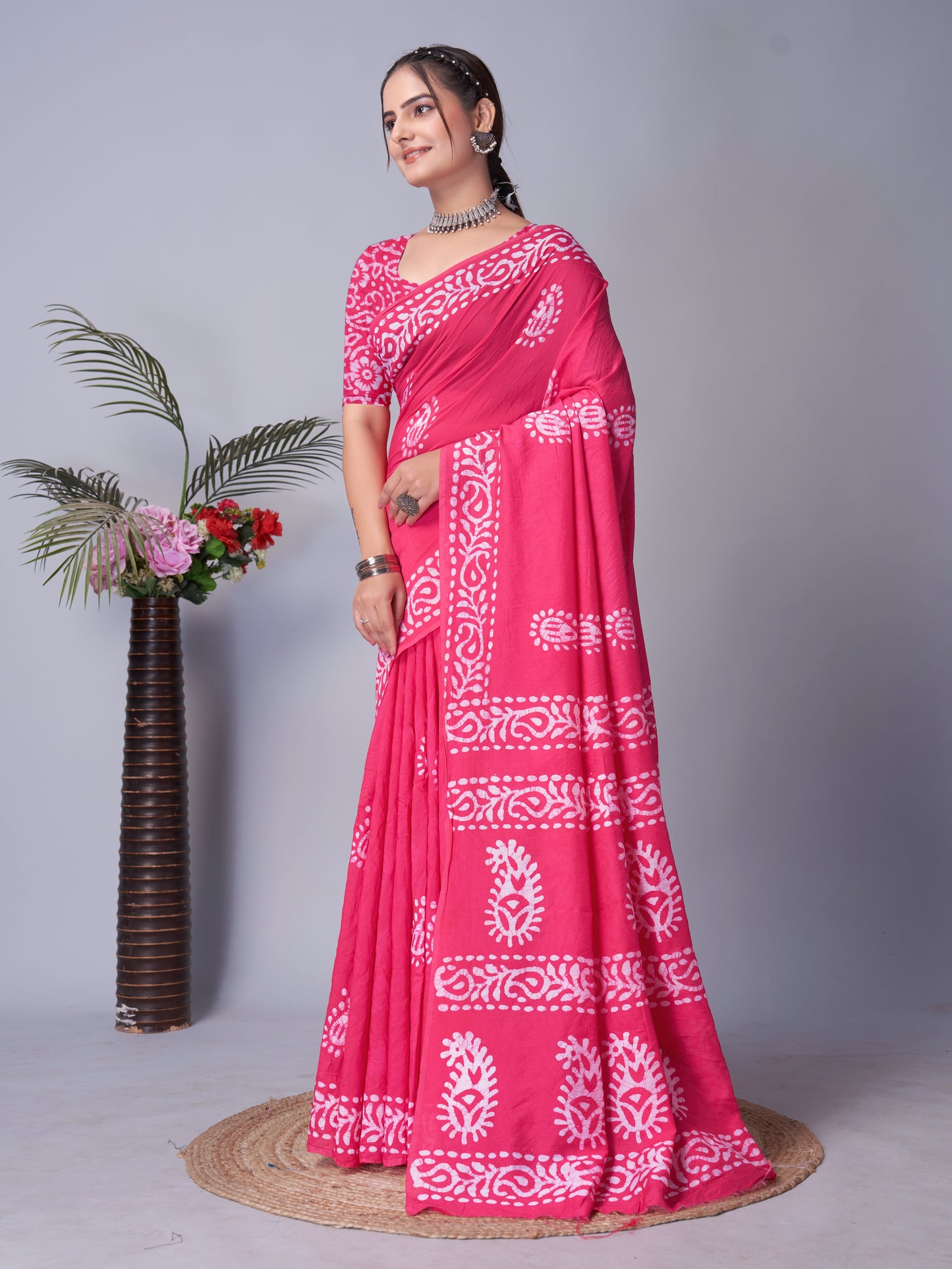 Saree – Soft Cotton Batik Print Mango Pink - B1