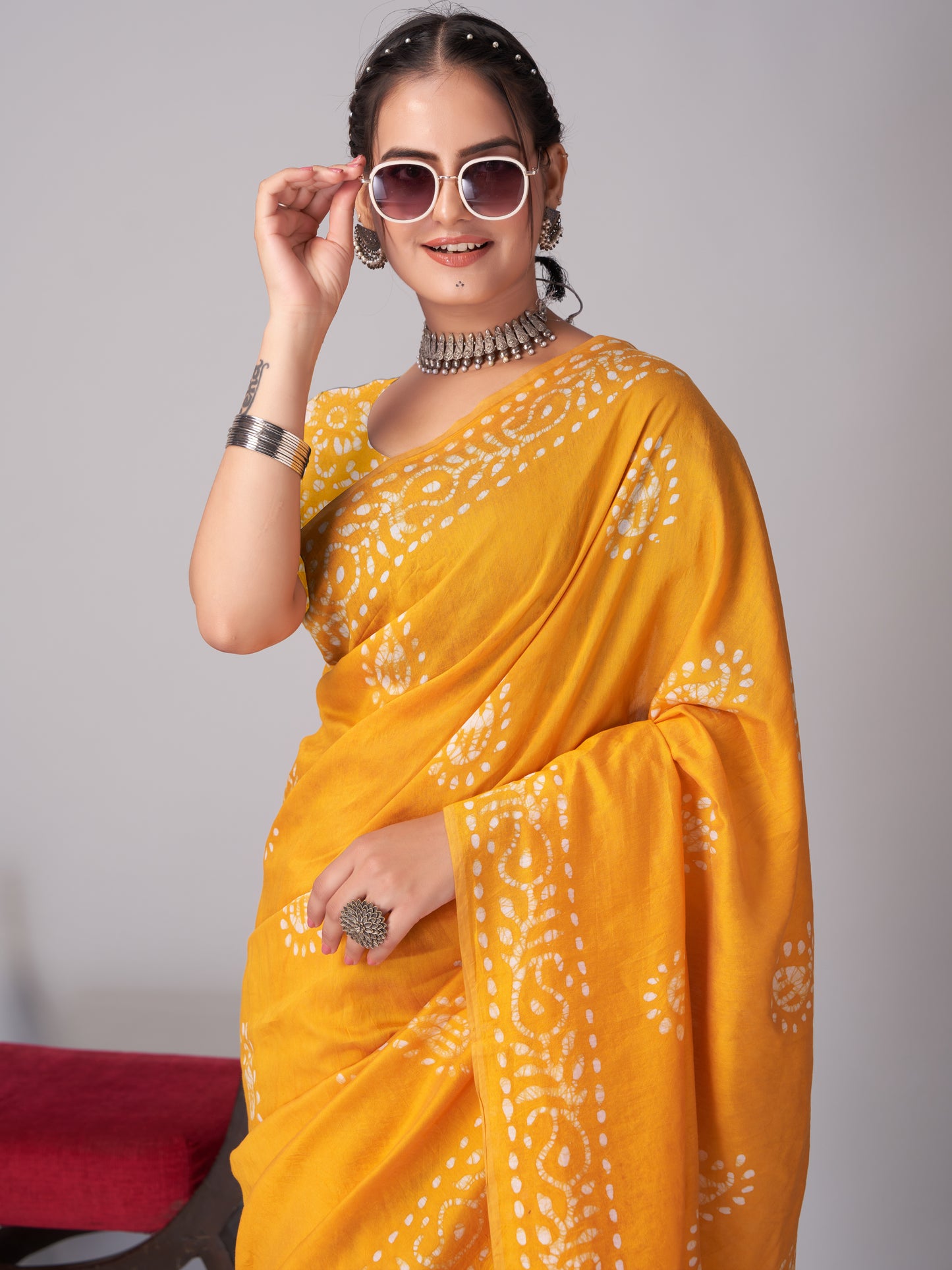 Saree – Soft Cotton Batik Print Mango Yellow - B3
