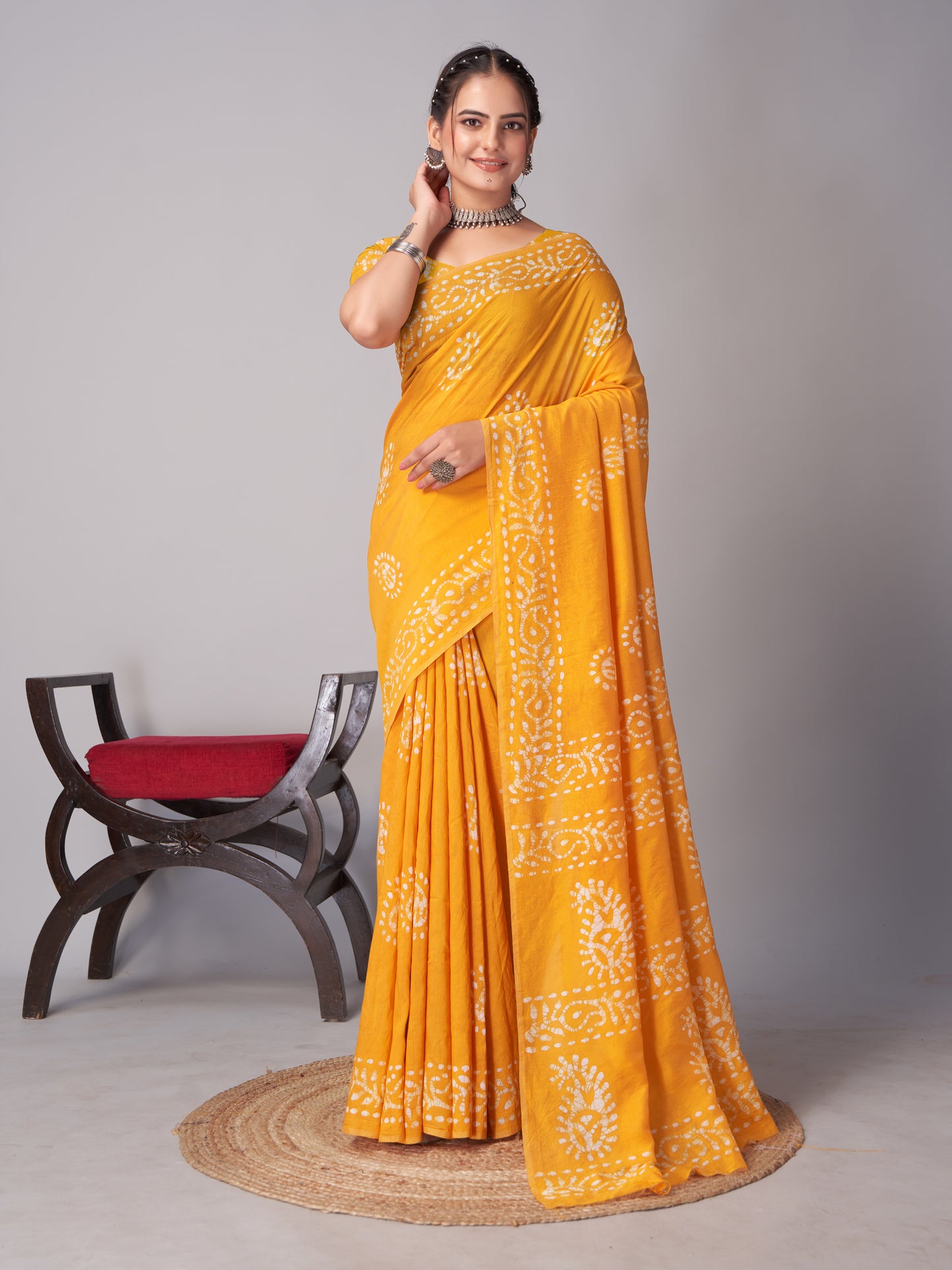 Saree – Soft Cotton Batik Print Mango Yellow - B3