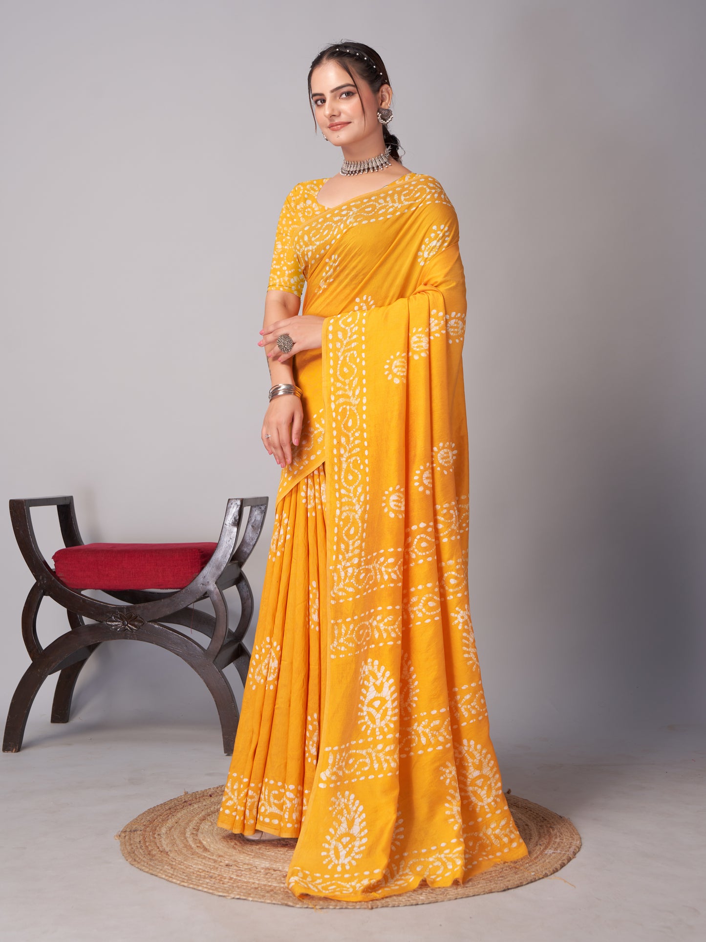 Saree – Soft Cotton Batik Print Mango Yellow - B3