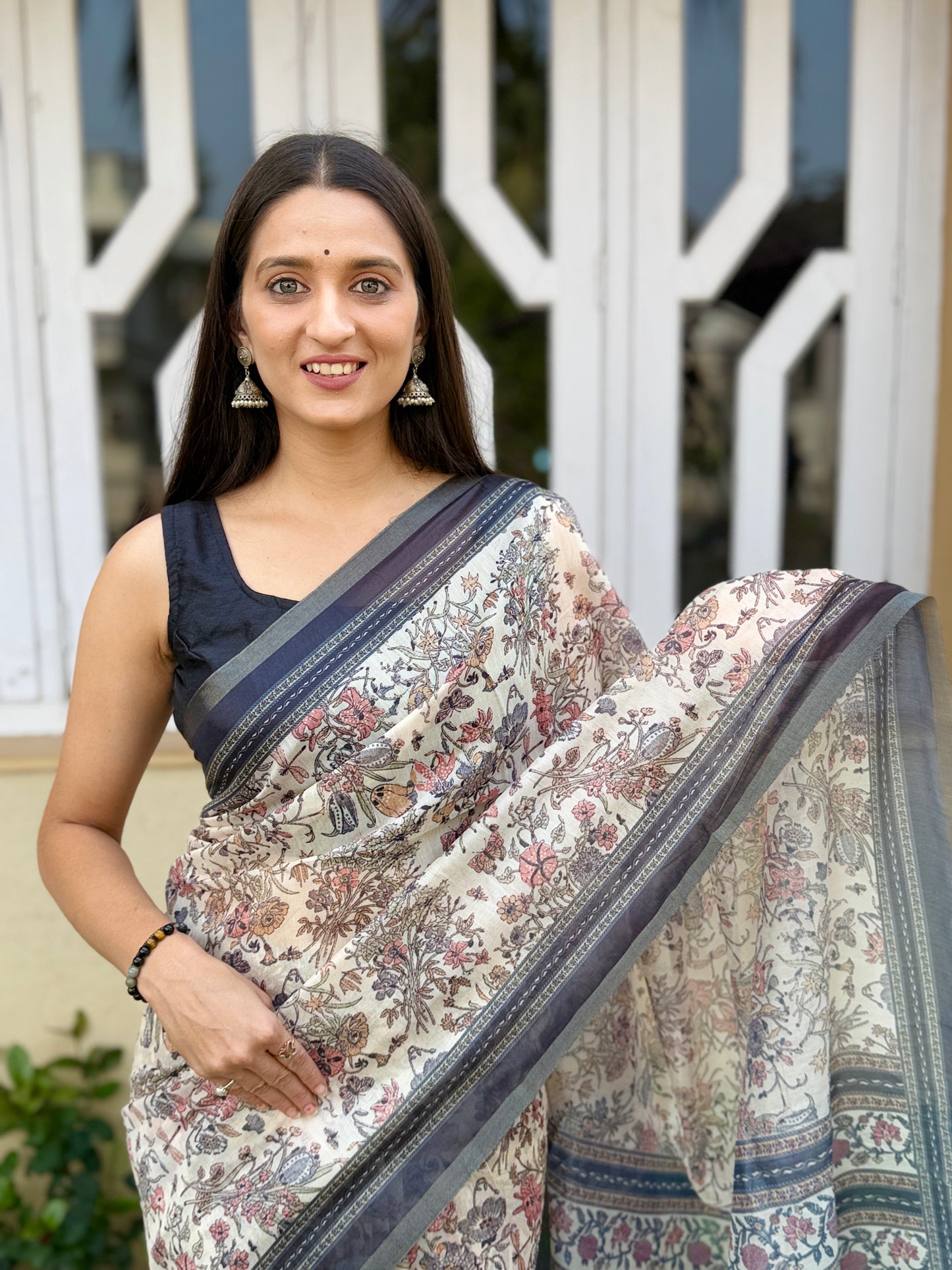 Saree – Soft Cotton Slub Print Off White - D2