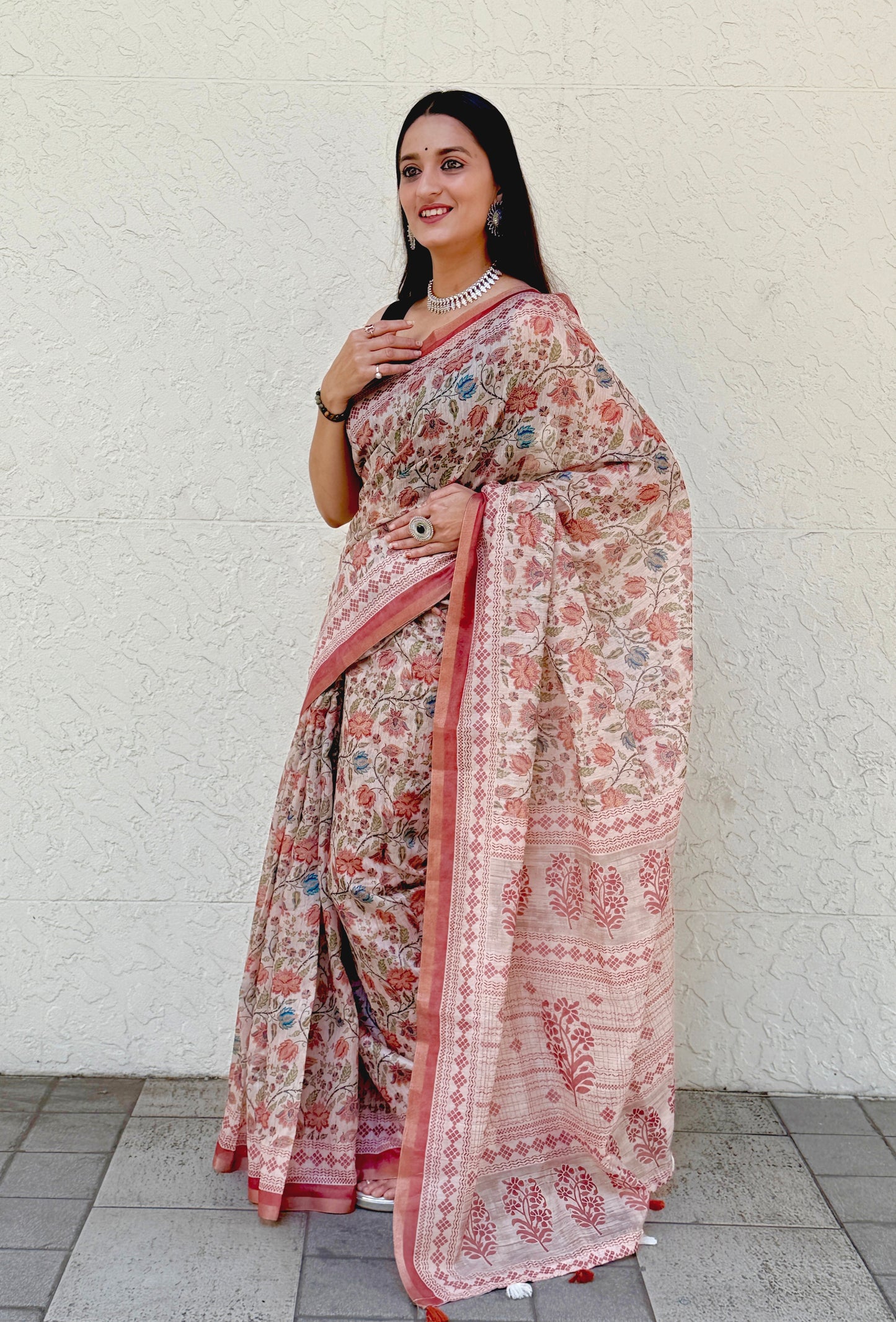 Saree – Soft Cotton Slub Print Red Floral - D3