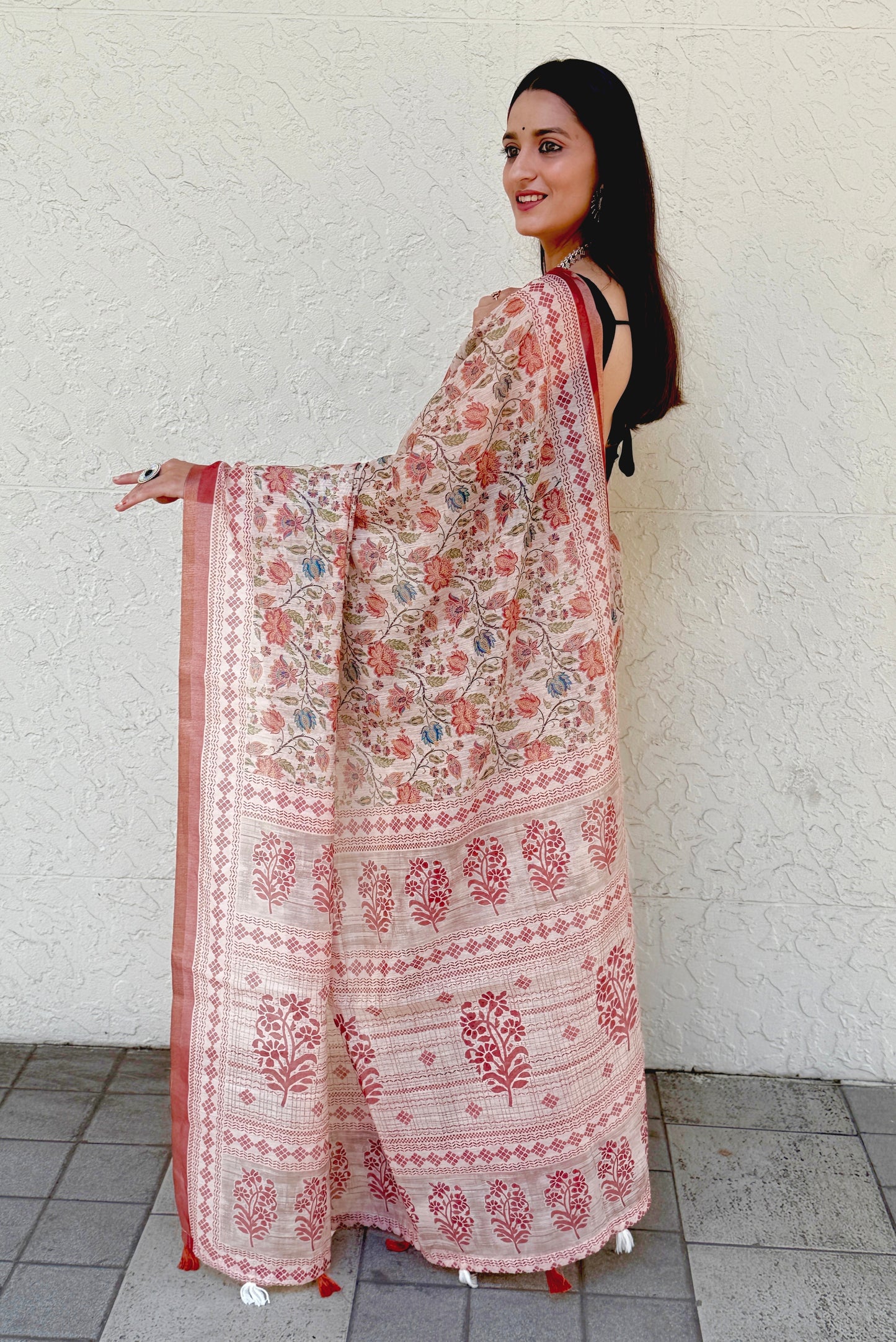 Saree – Soft Cotton Slub Print Red Floral - D3