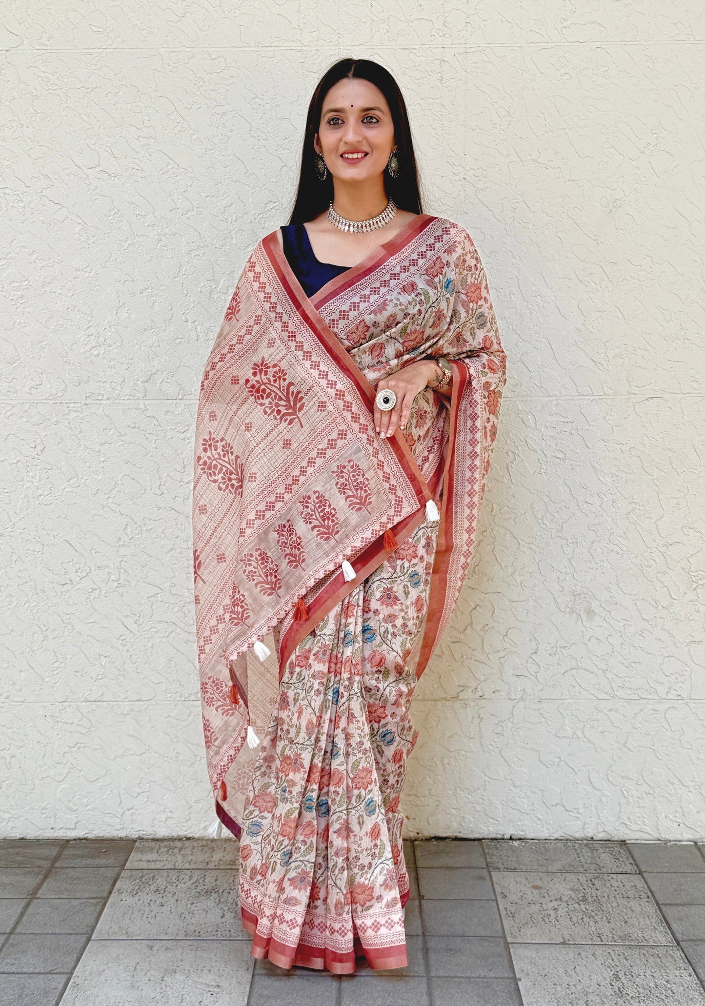 Saree – Soft Cotton Slub Print Red Floral - D3