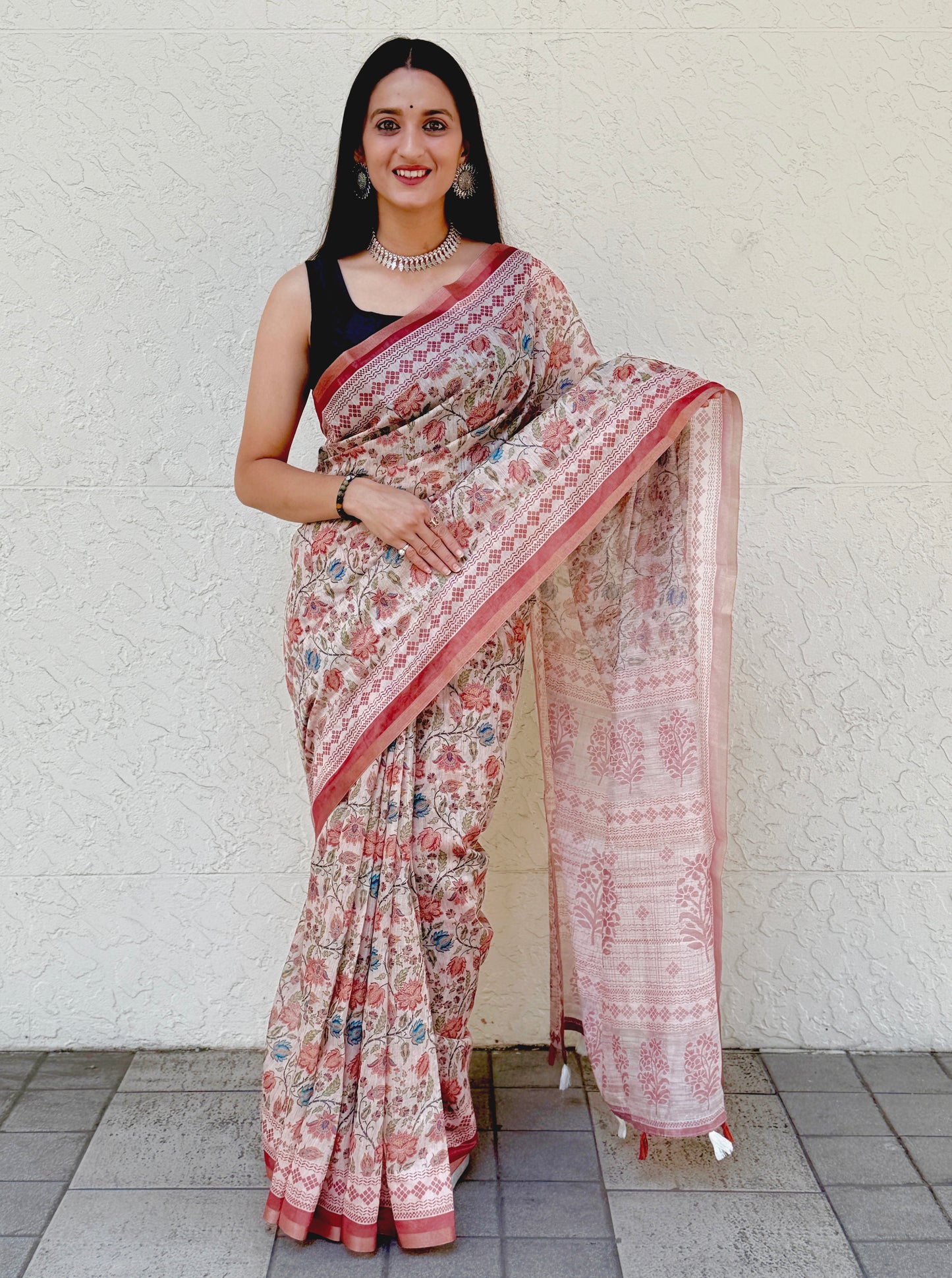 Saree – Soft Cotton Slub Print Red Floral - D3