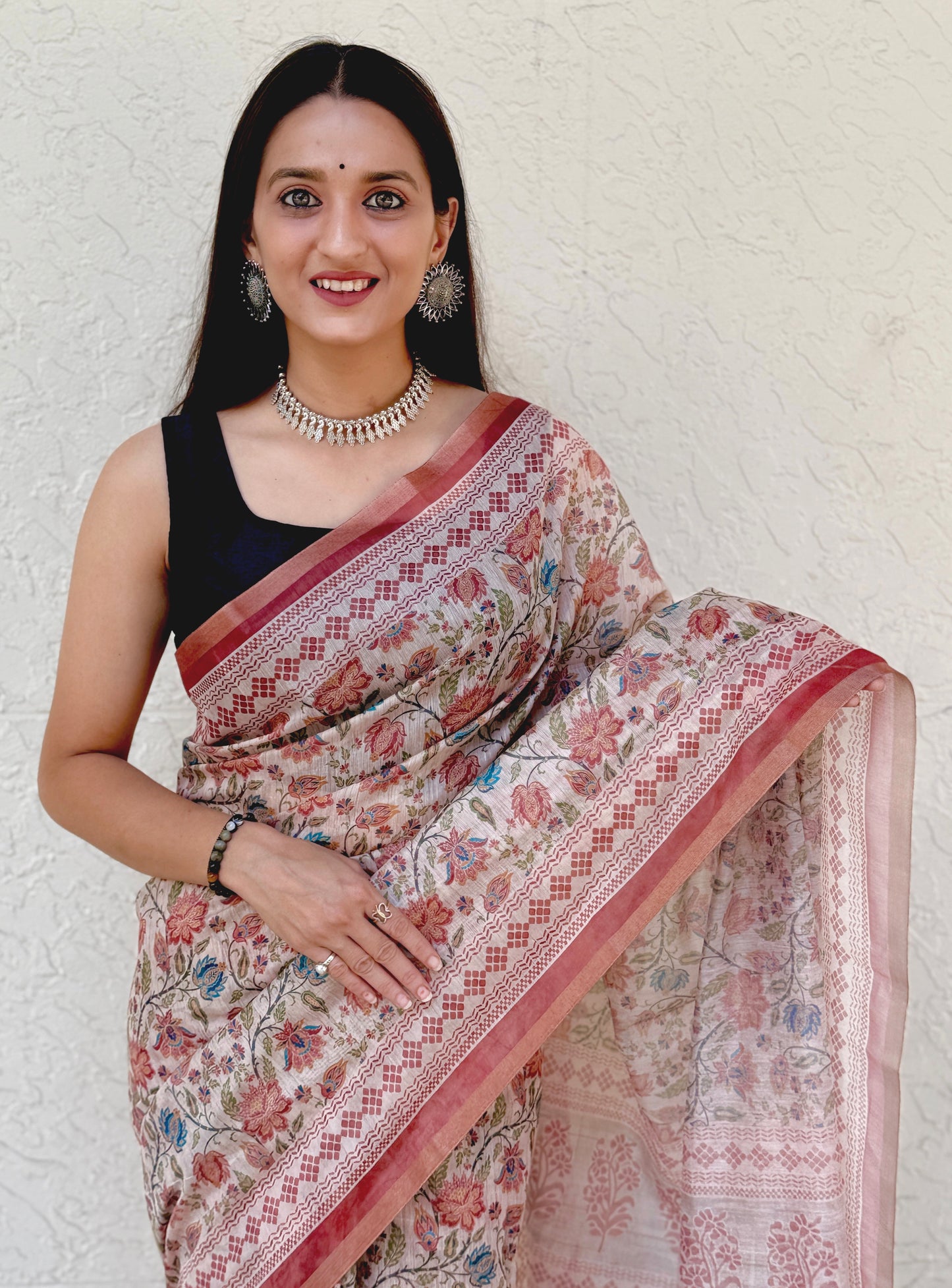 Saree – Soft Cotton Slub Print Red Floral - D3