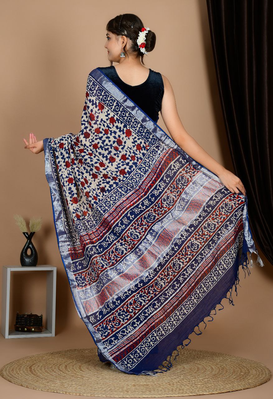 Saree – Soft Cotton Premium Linen Zari Blue – L1