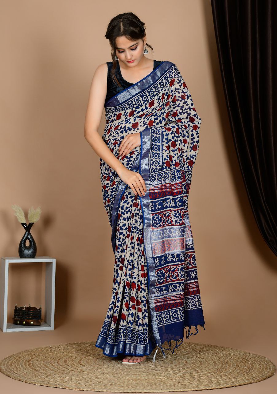 Saree – Soft Cotton Premium Linen Zari Blue – L1